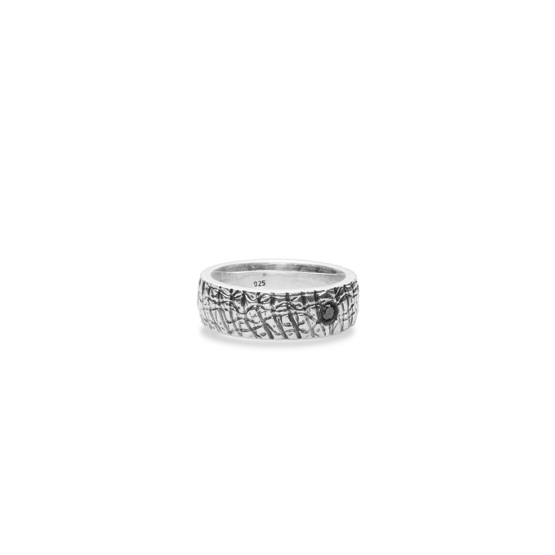 Black Diamond round faceted sterling silver ring with thick textured band side angle