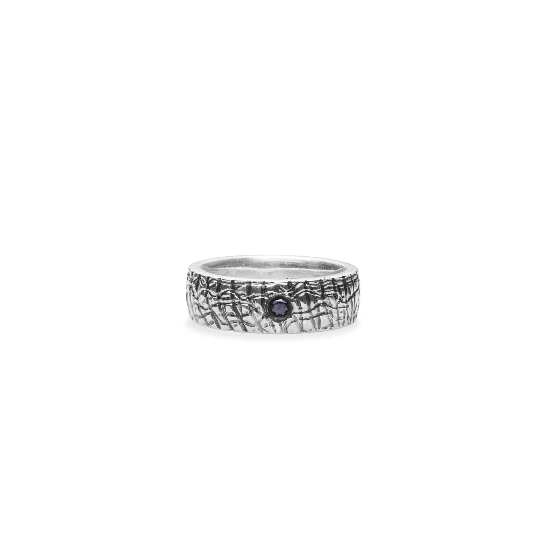 Black Diamond round faceted sterling silver ring with thick textured band 