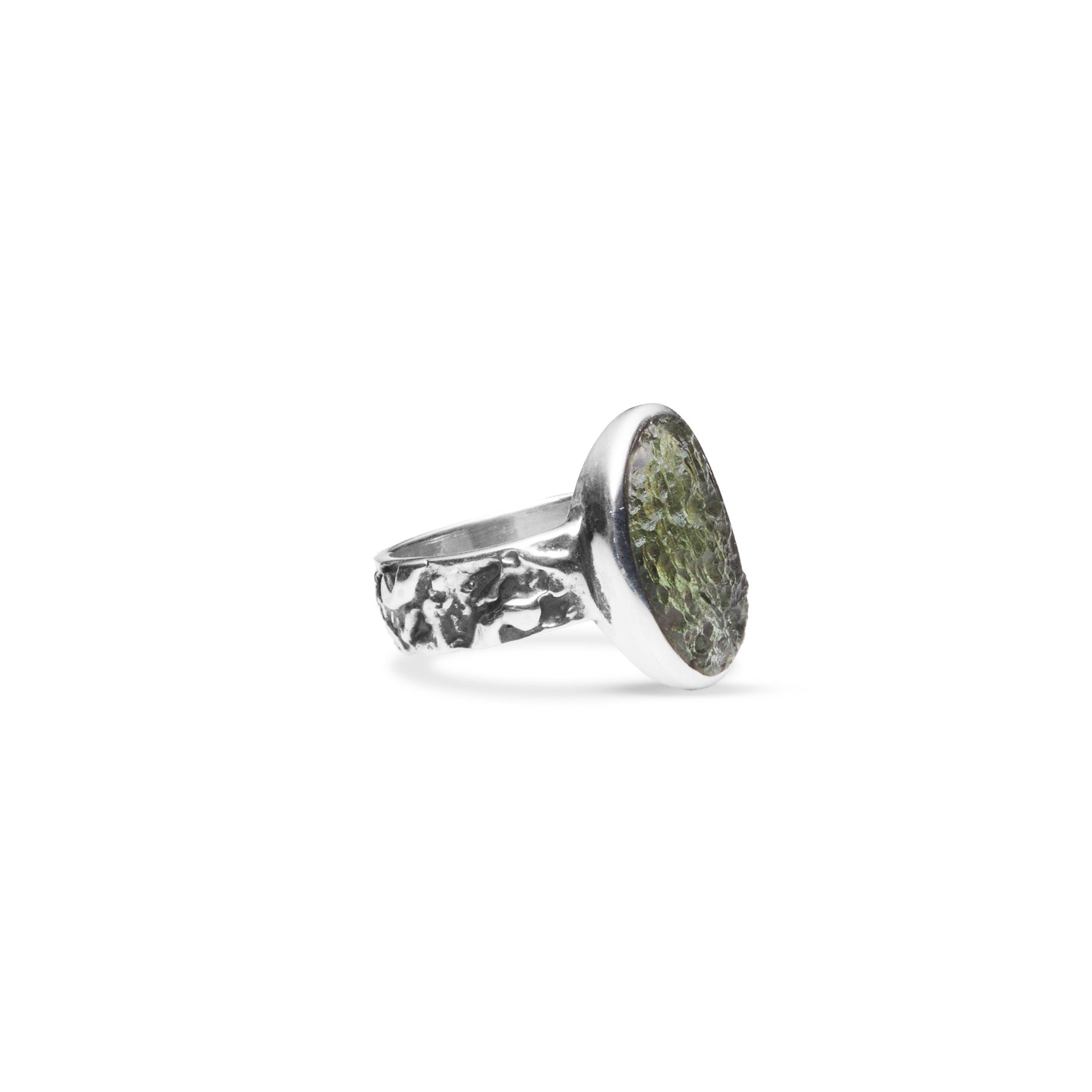 Moldavite ring freeform rough with bezel set and textured band 