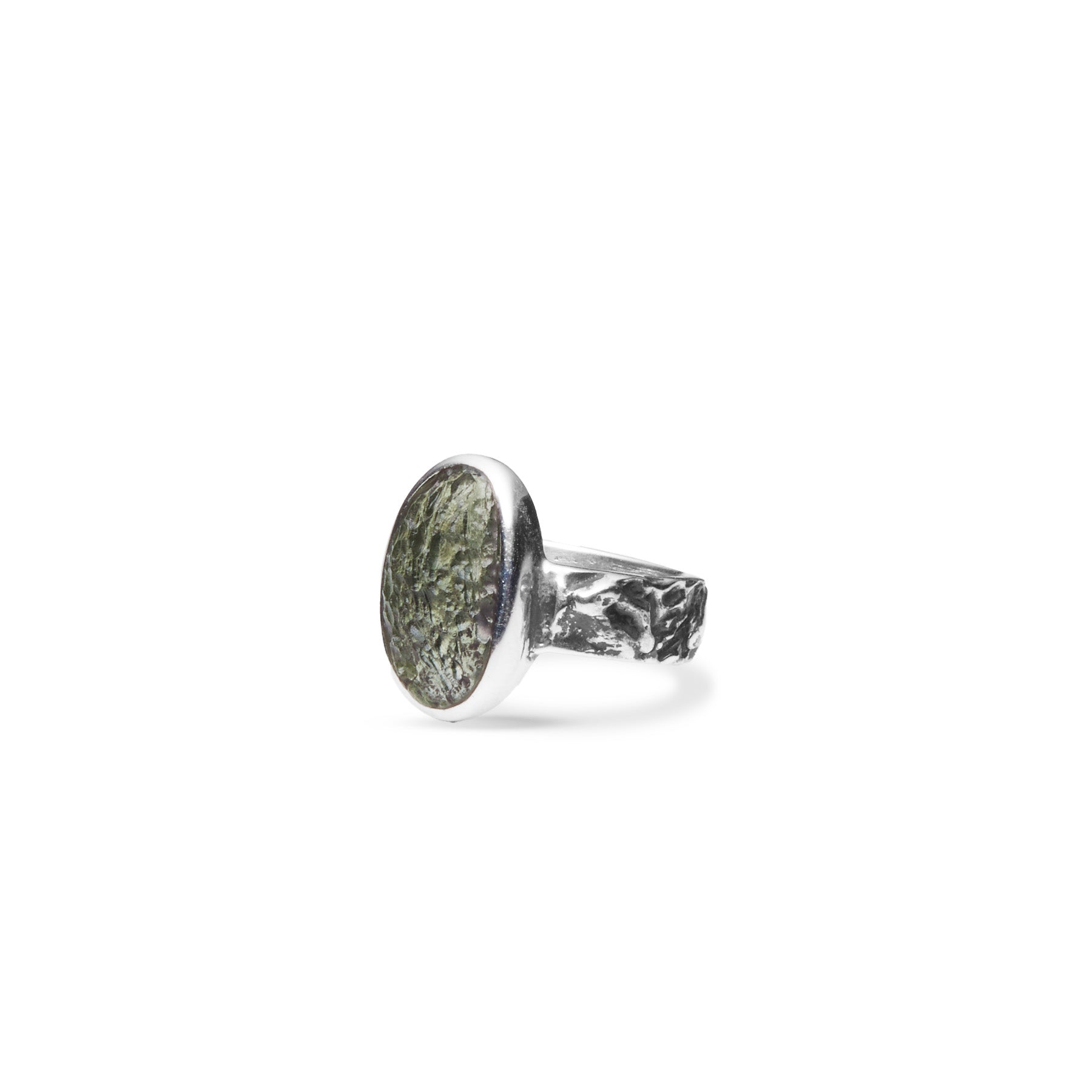 Moldavite ring freeform rough with bezel set and textured band side angle