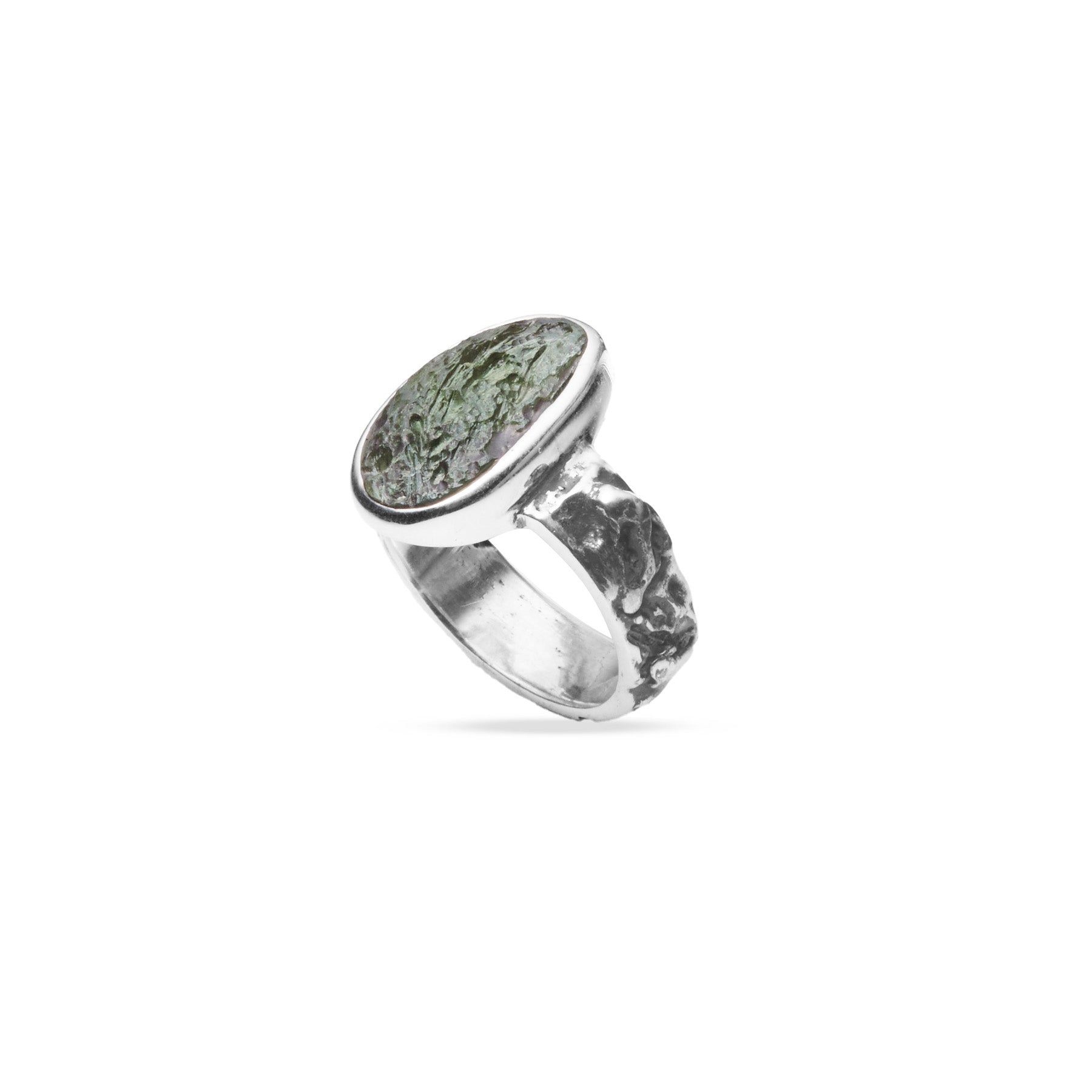 Moldavite ring freeform rough with bezel set and textured band 