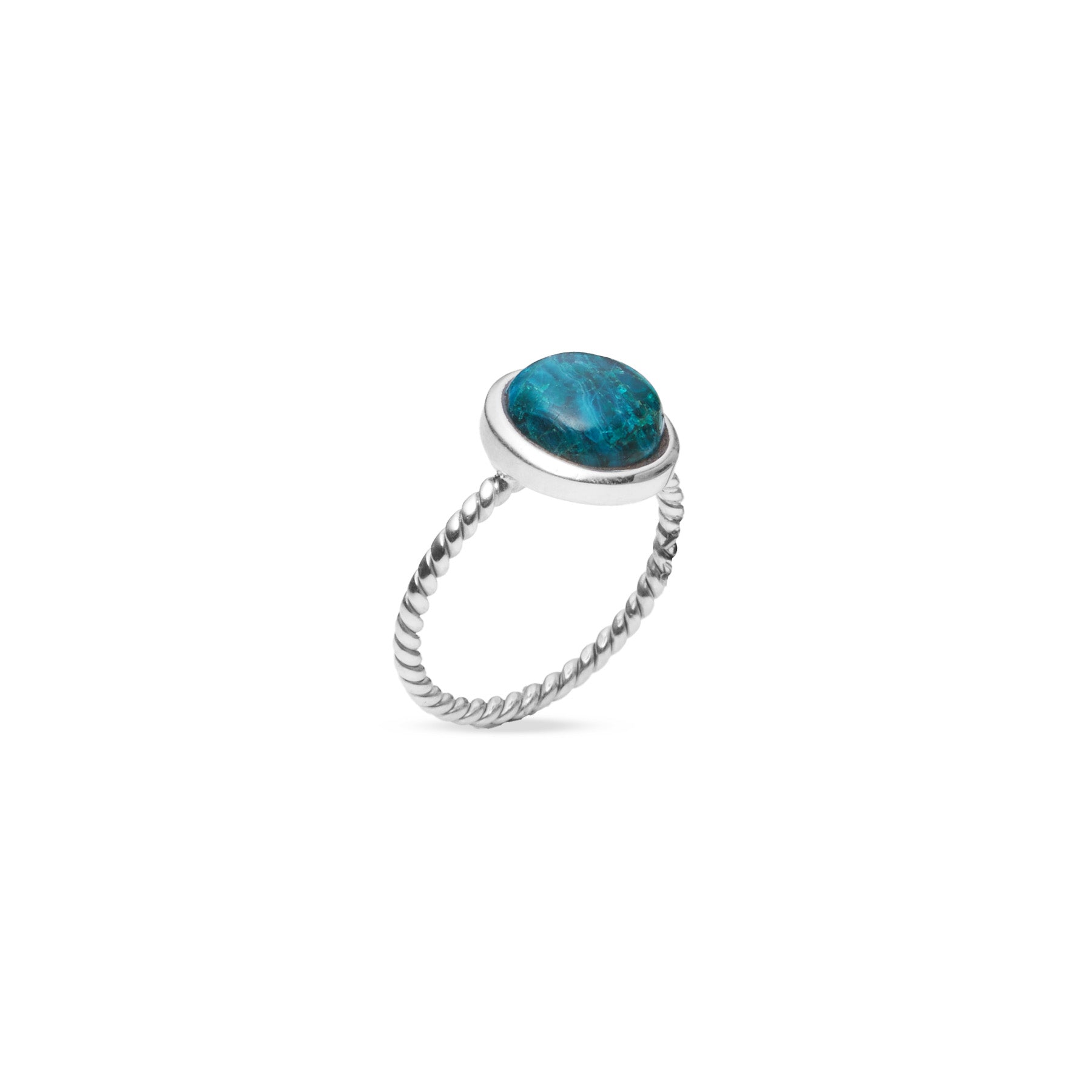 Chrysocolla Malachite cabochon round bezel set ring with rope band 