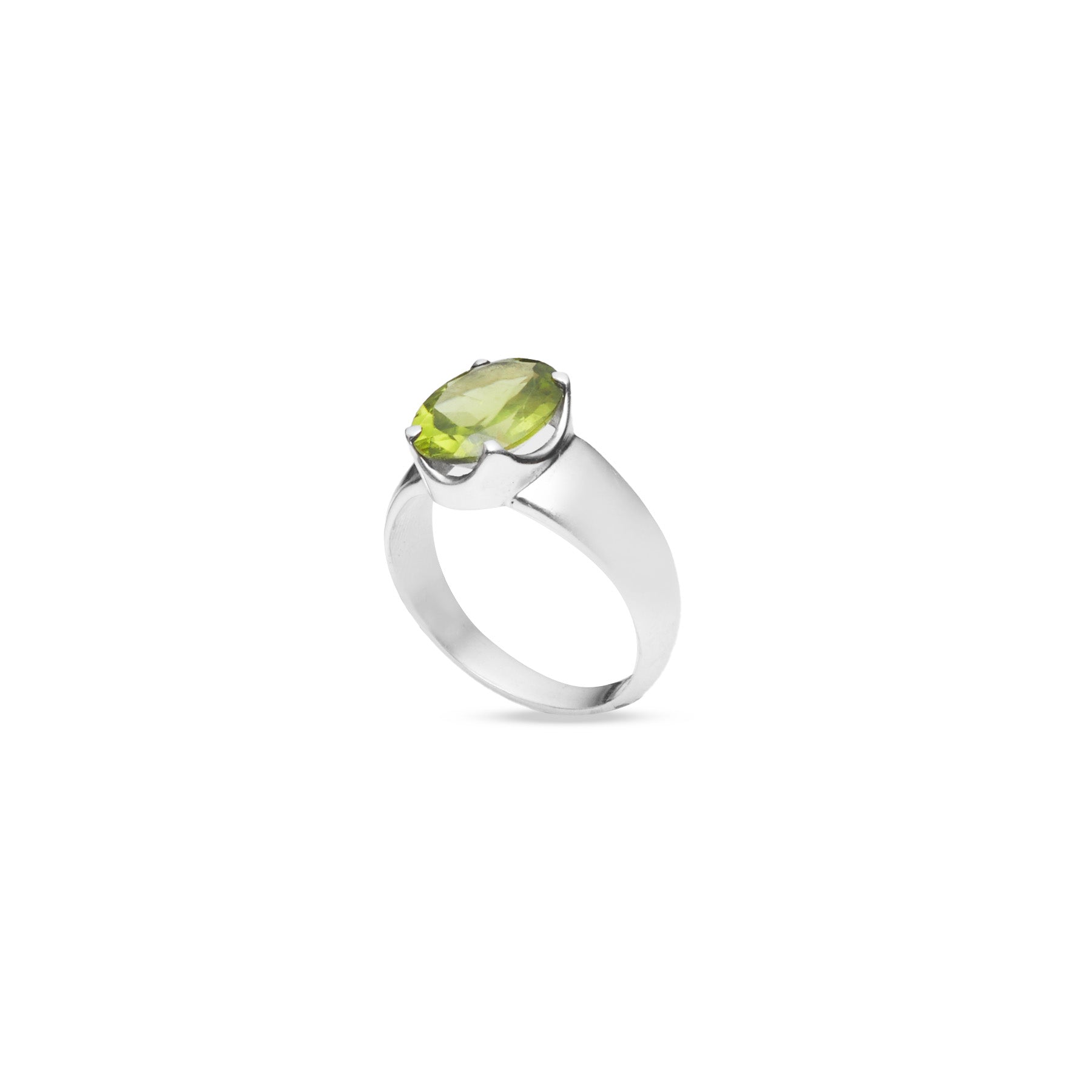 Peridot oval faceted ring with claw setting and thick a-line band under side