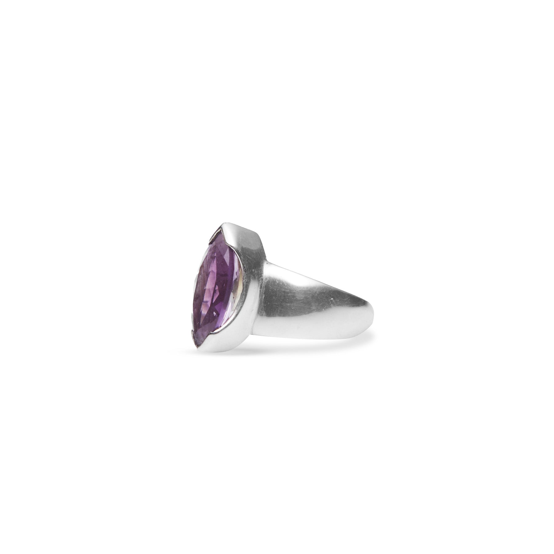 Amethyst marquise faceted ring with clamp bezel side angle