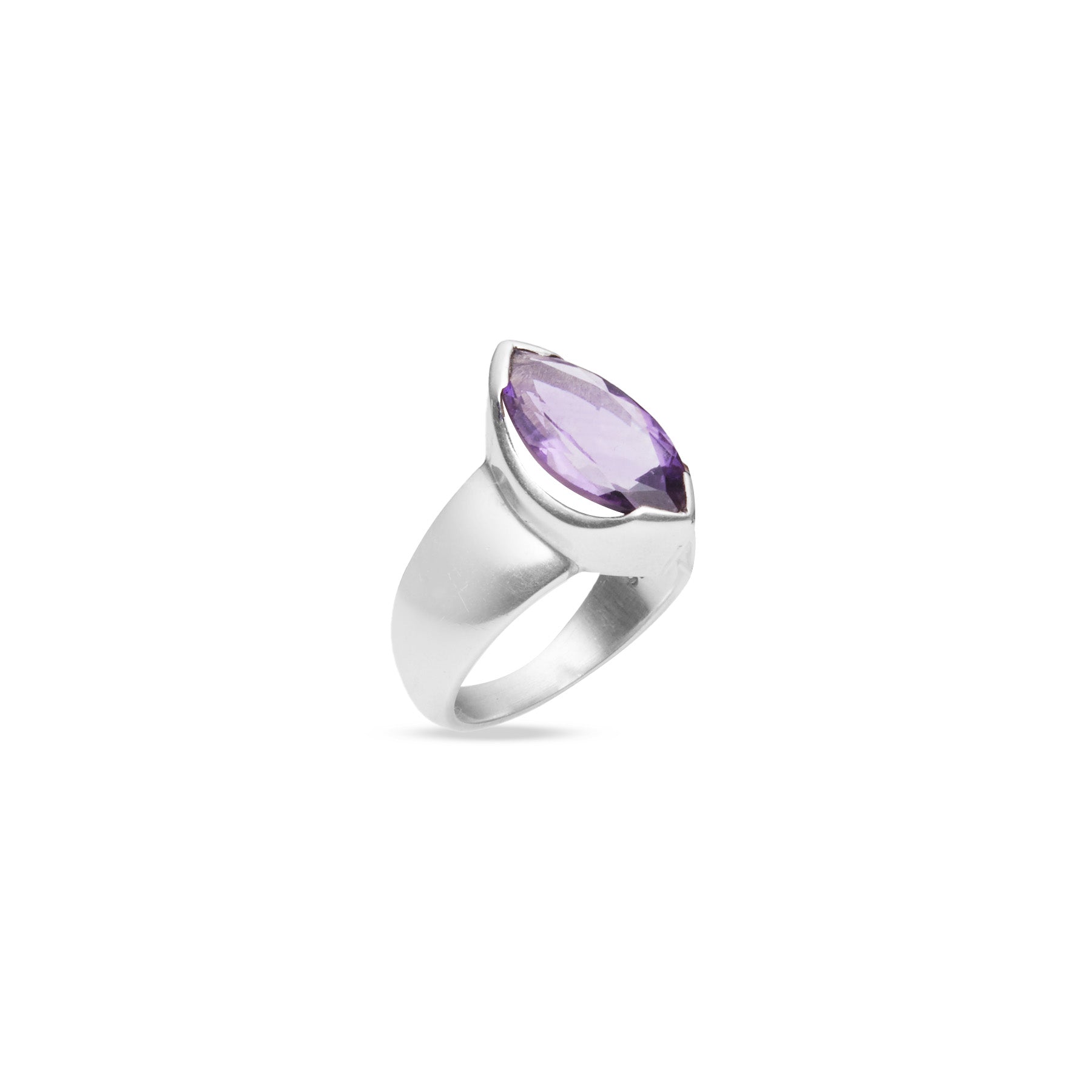 Amethyst marquise faceted ring with clamp bezel under side