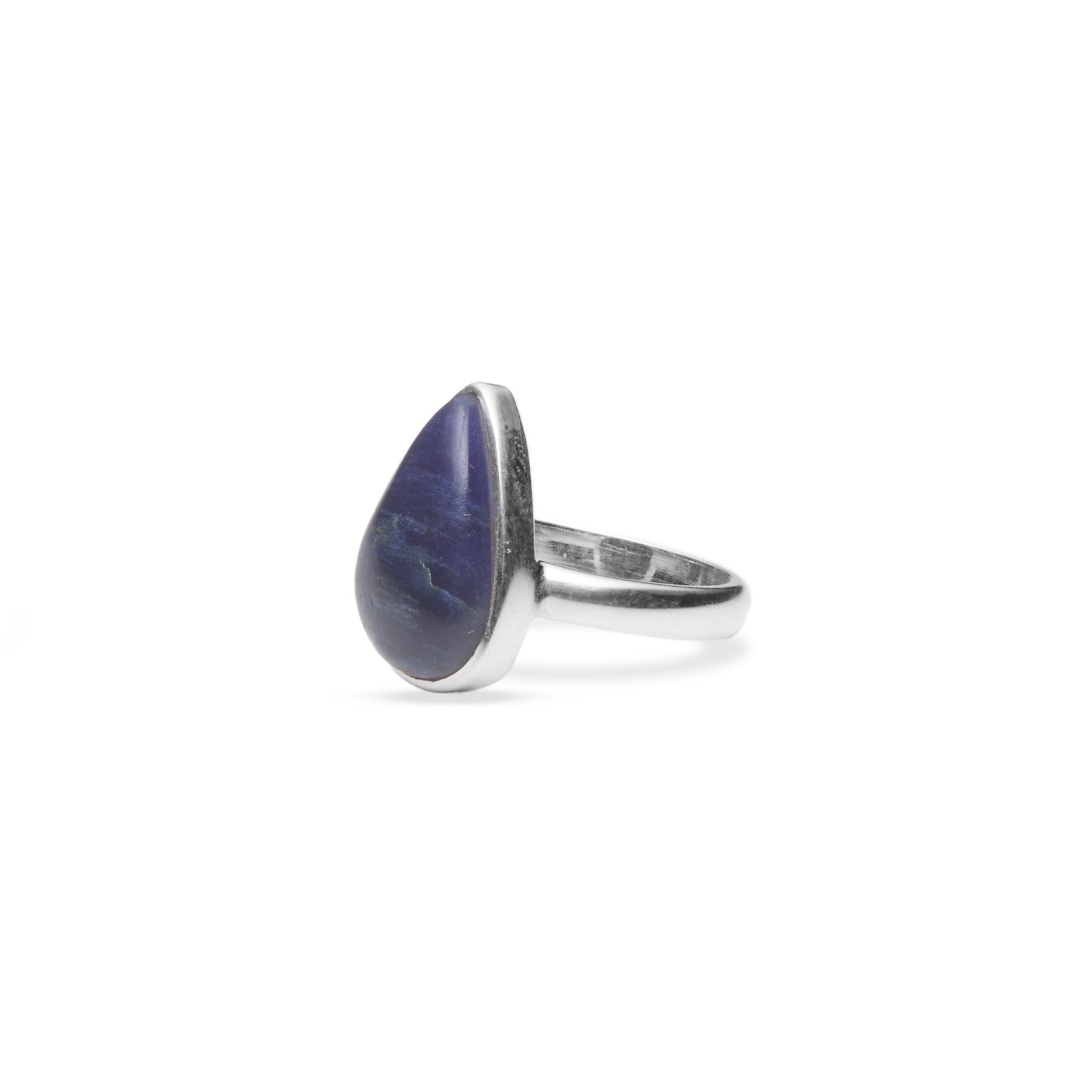 Sodalite cabochon teardrop ring with bezel setting side angle