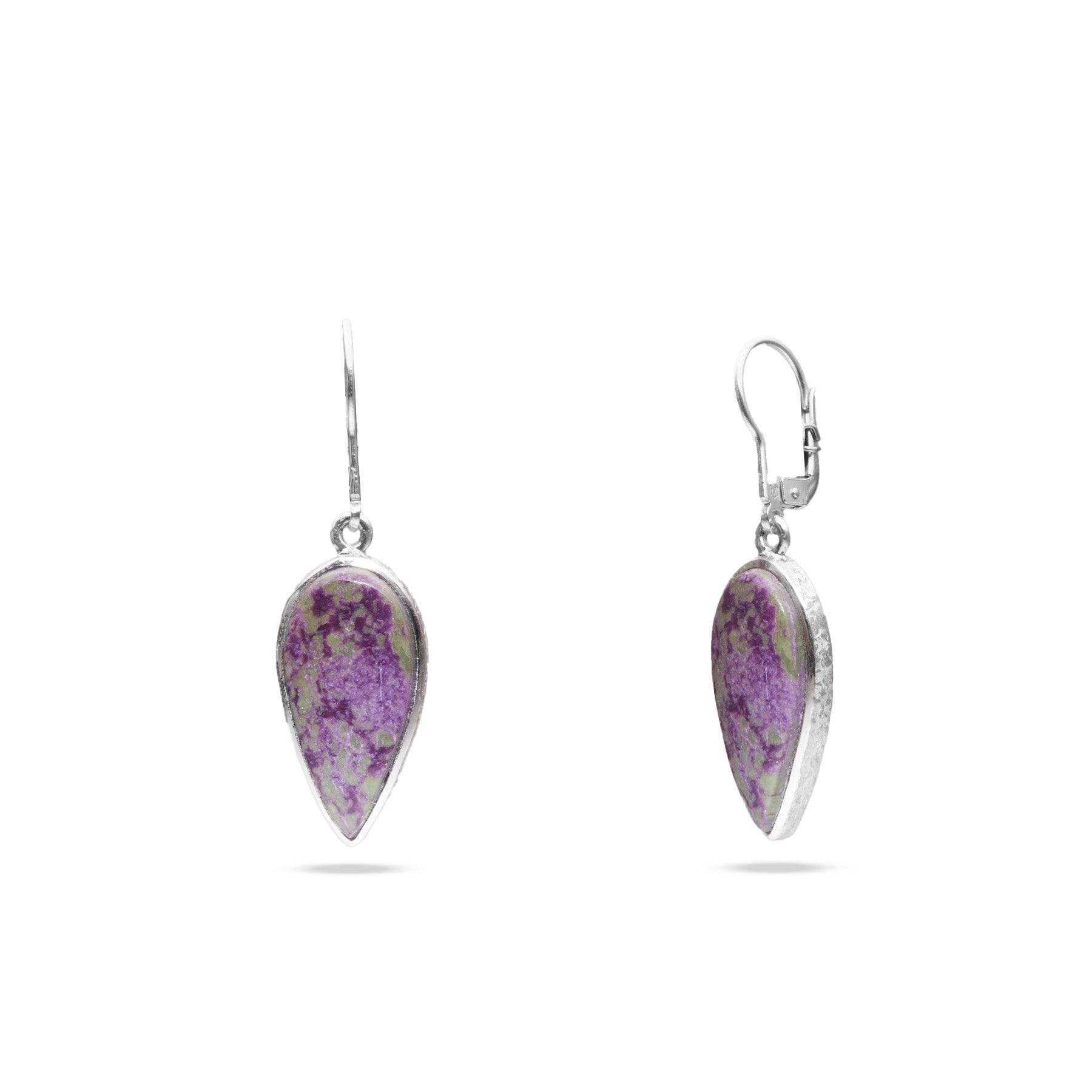 Purpurite inverted teardrop hammered bezel clasp drop earrings