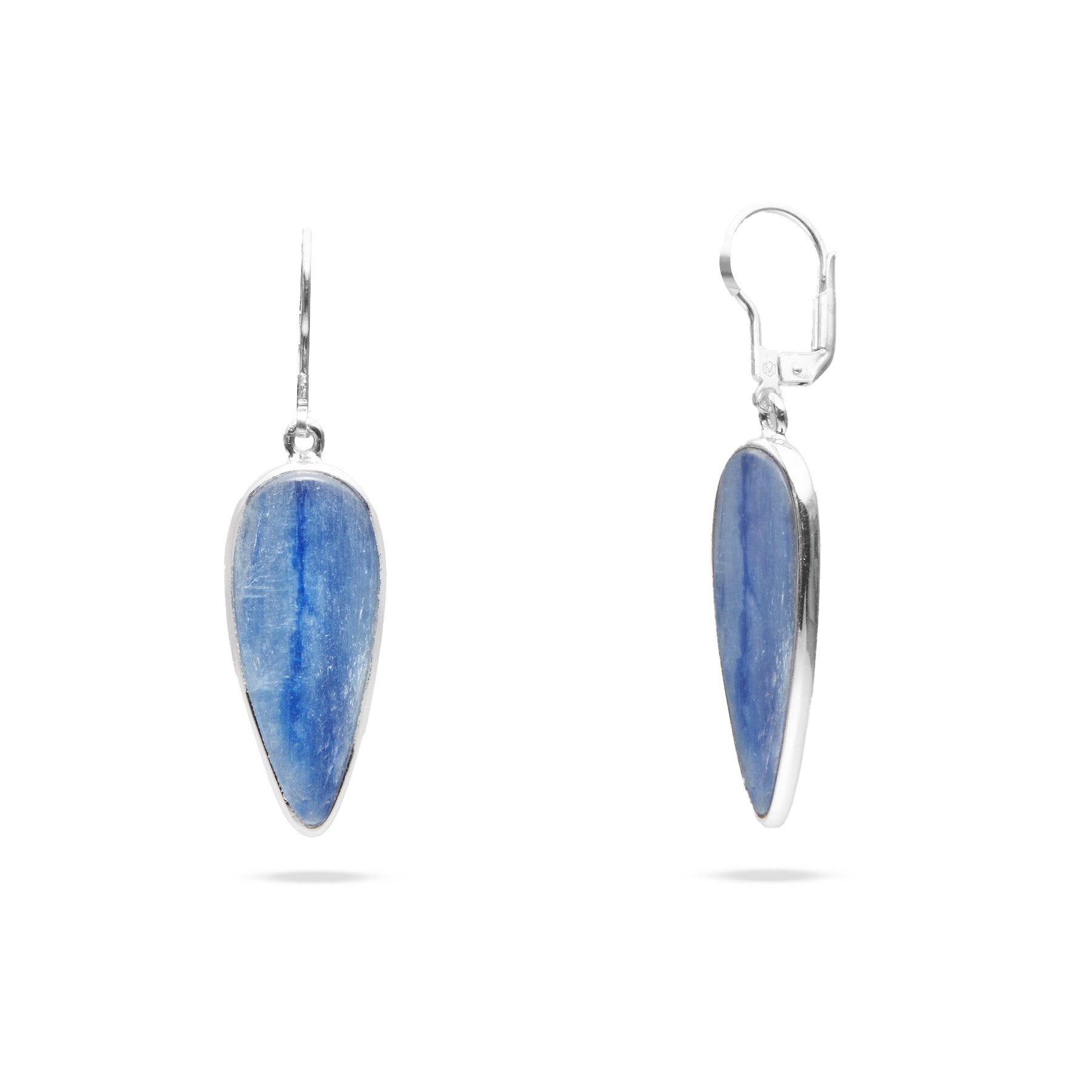 Blue Kyanite inverted teardrop clasp earrings with bezel setting