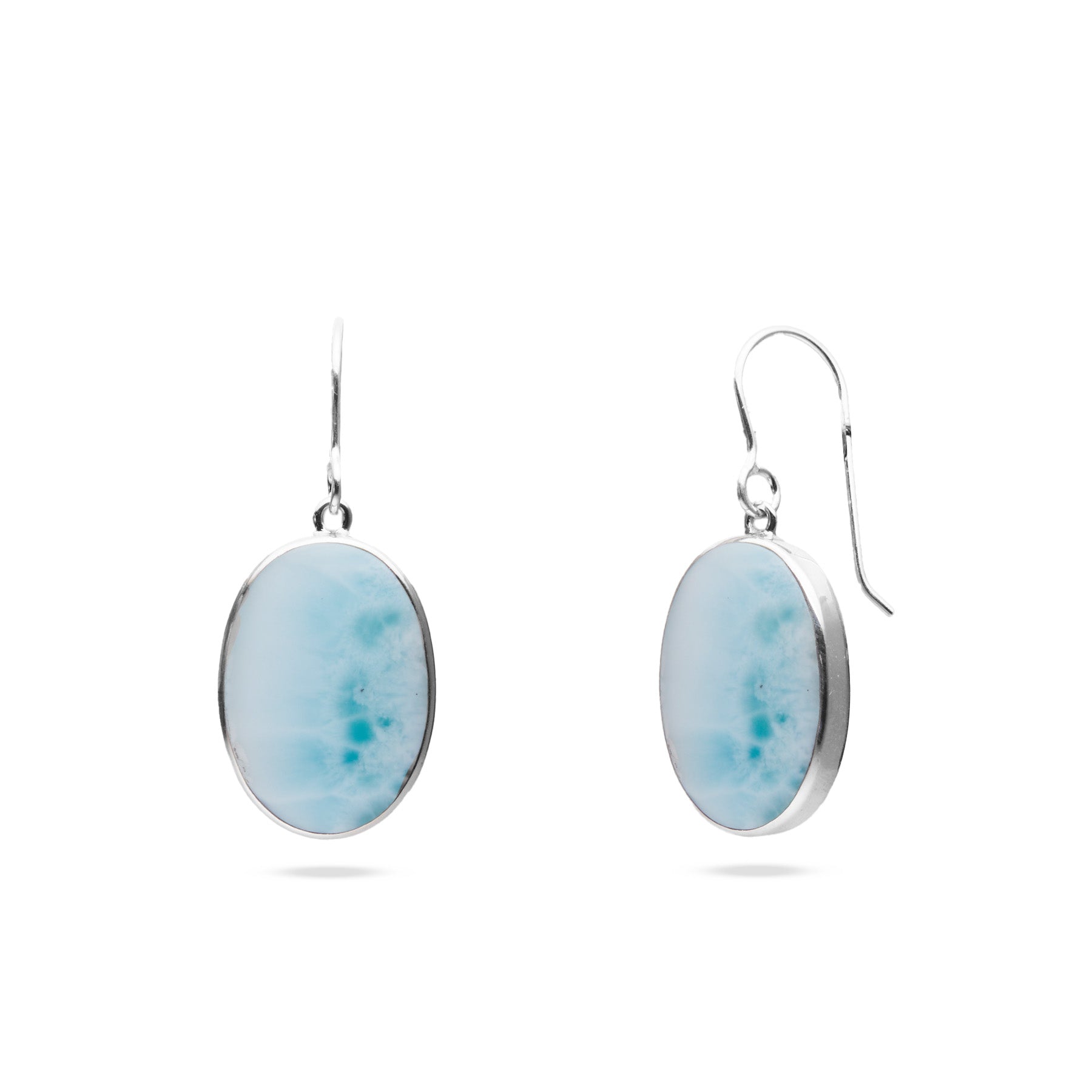 Larimar oval cabochon bezel set drop earrings 