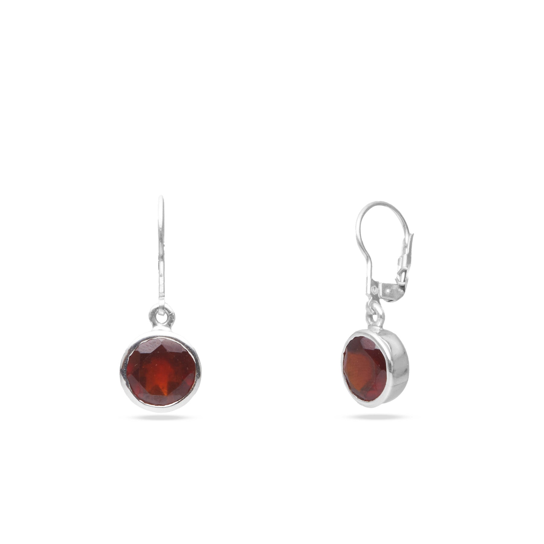 Garnet faceted round bezel set clasp drop earrings 