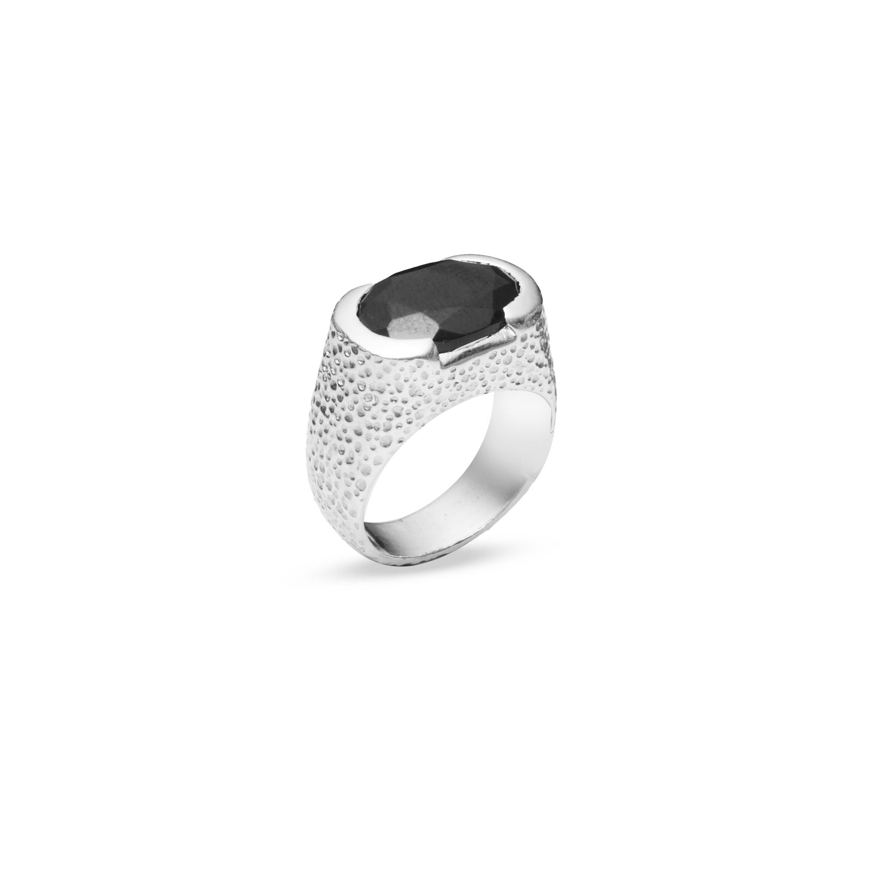 black onyx oval faceted clamp ring with hammered band 