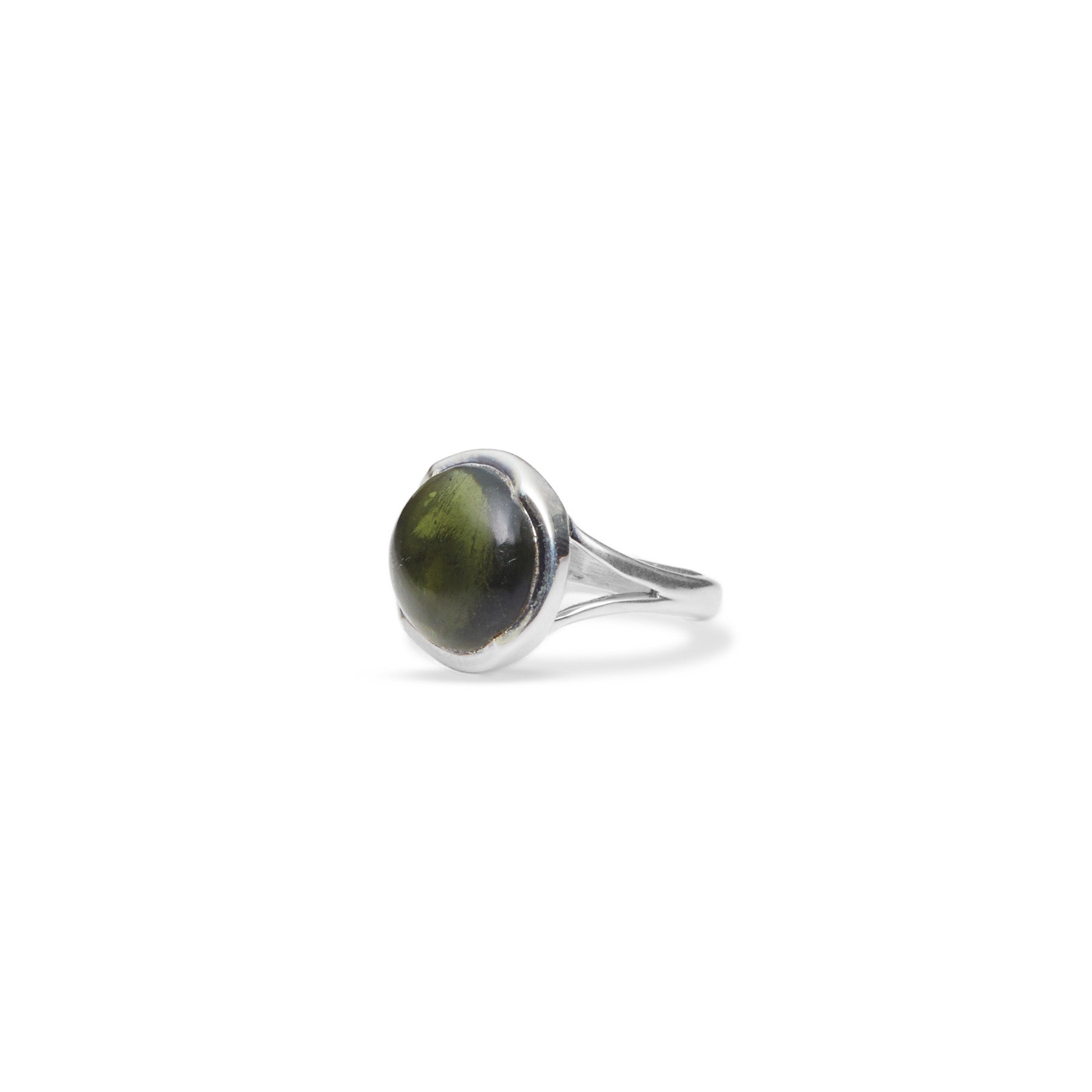 Moldavite round cabochon wave bezel ring with split band side angle