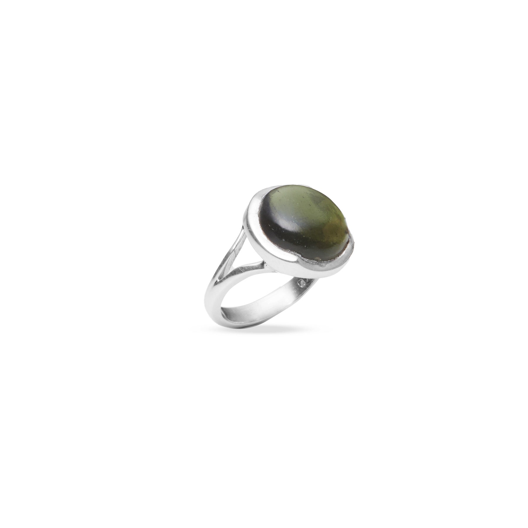 Moldavite round cabochon wave bezel ring with split band 