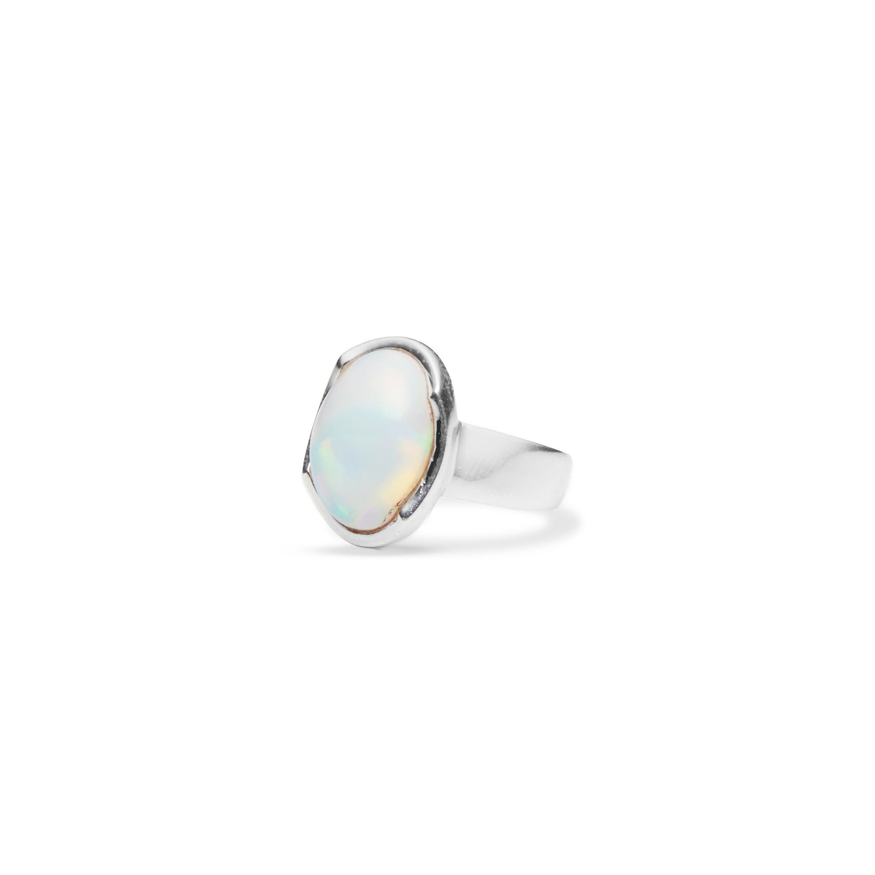 opal oval cabochon ring with wave setting and thick band side angle