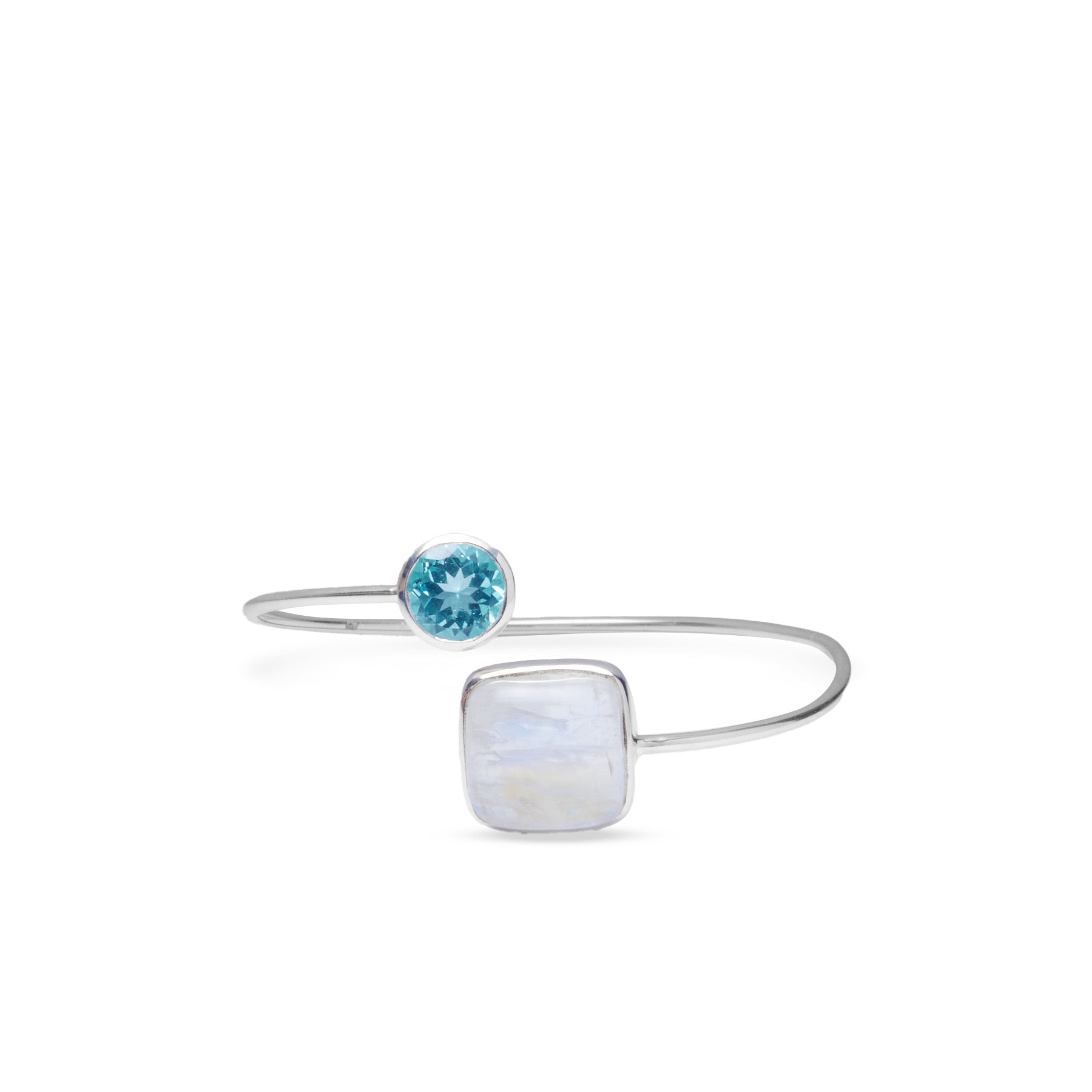 Rainbow Moonstone and blue topaz bangle front angle