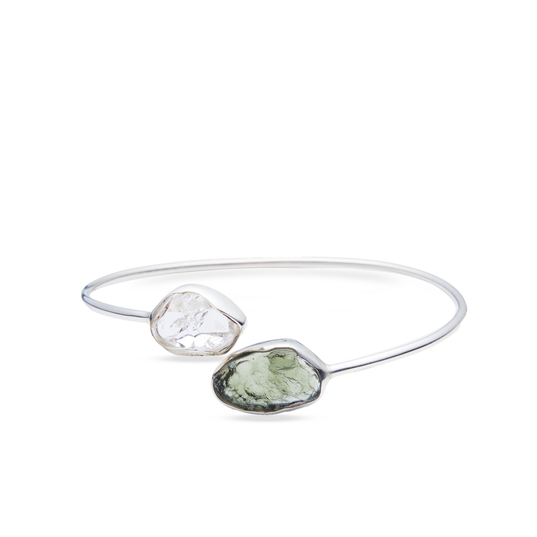 Herkimer Diamond and moldavite freeform rough bangle front angle