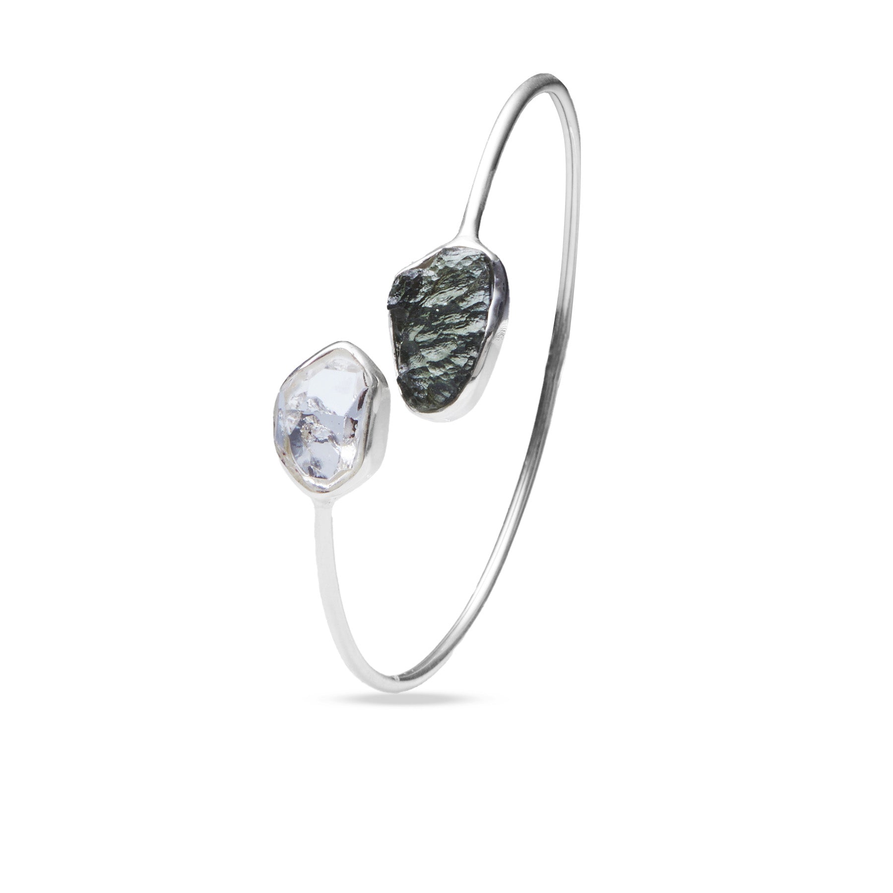 Herkimer Diamond and moldavite freeform rough bangle