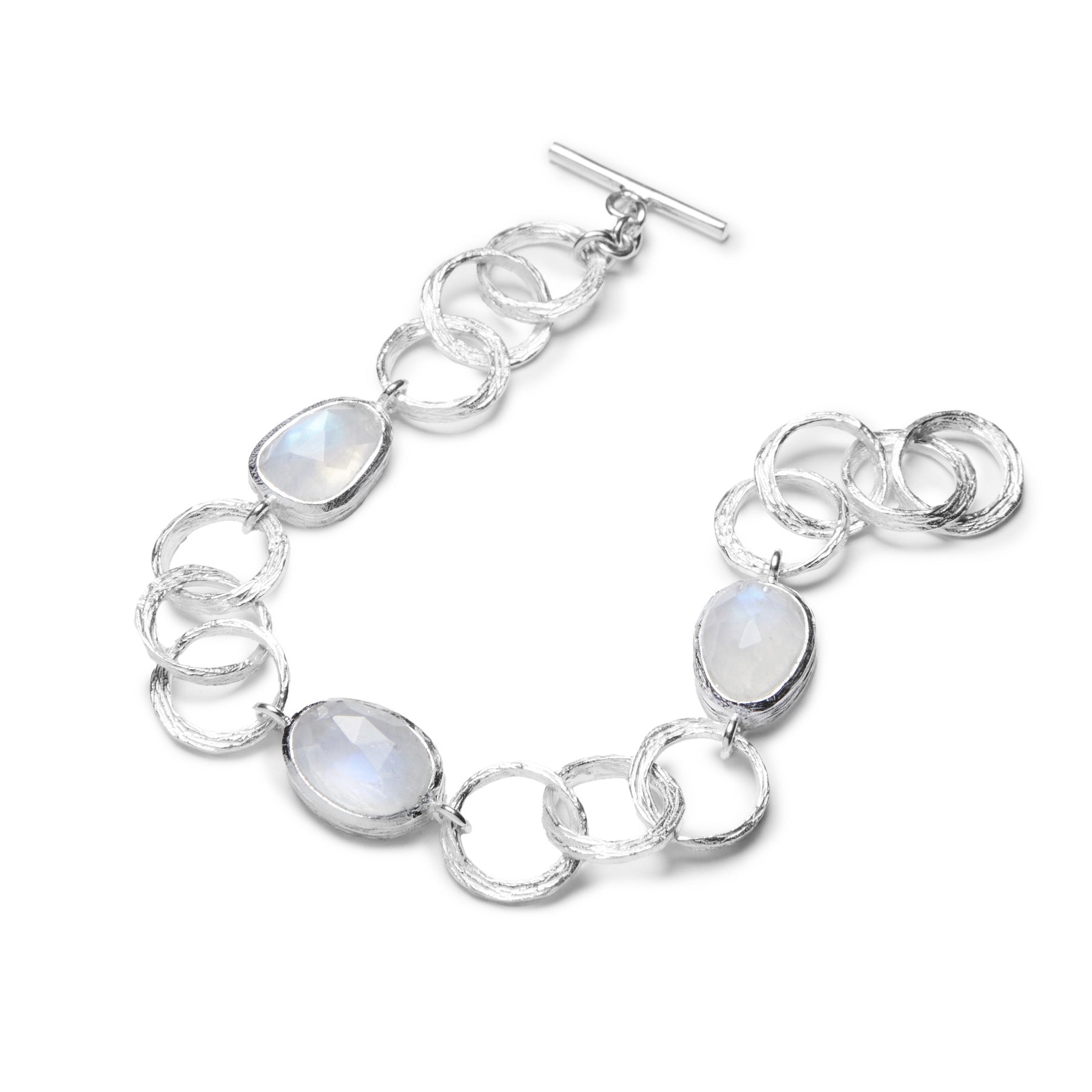 Rainbow Moonstone checkerboard facet textured bezel set chain link band bracelet