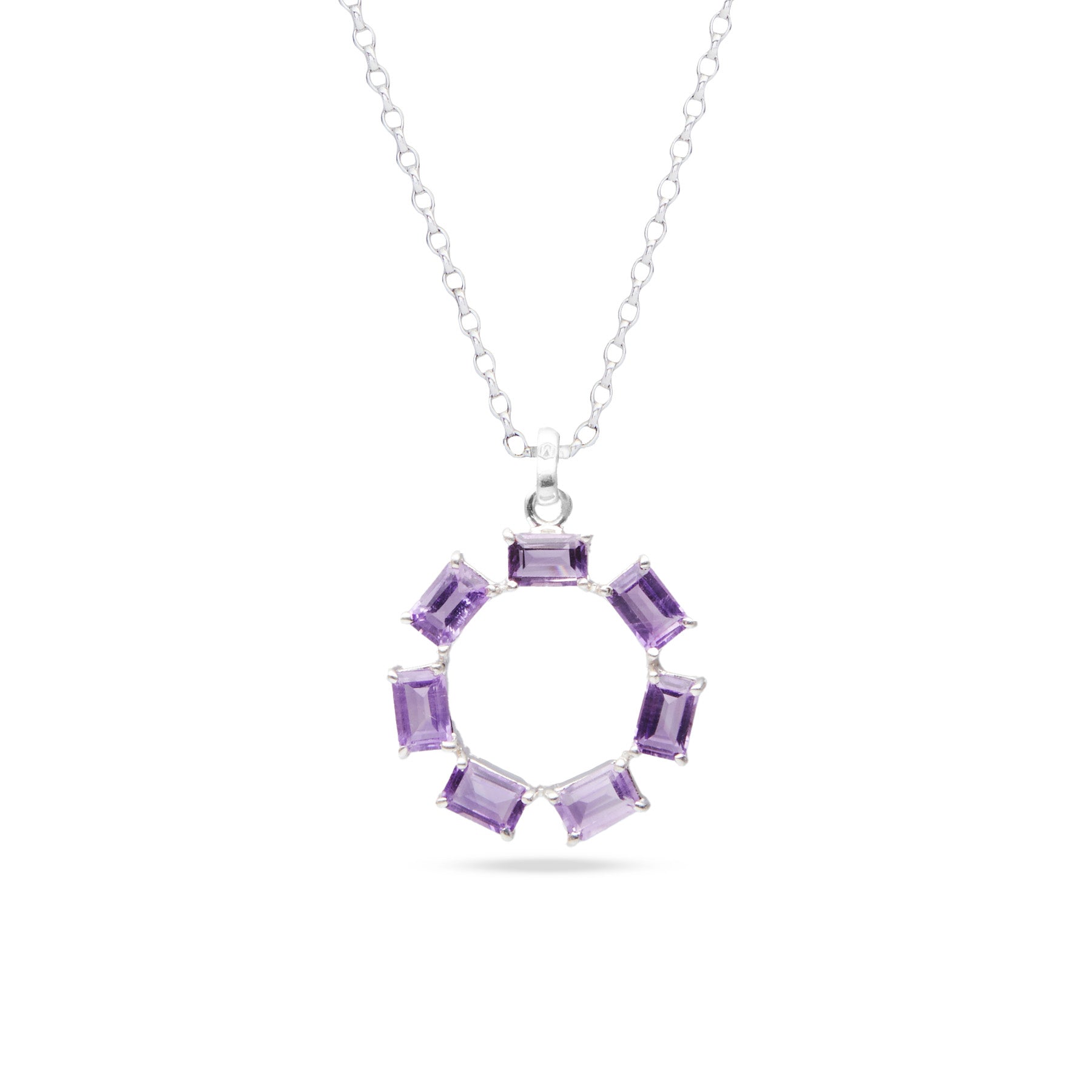 Amethyst rectangle faceted claw set round pendant 