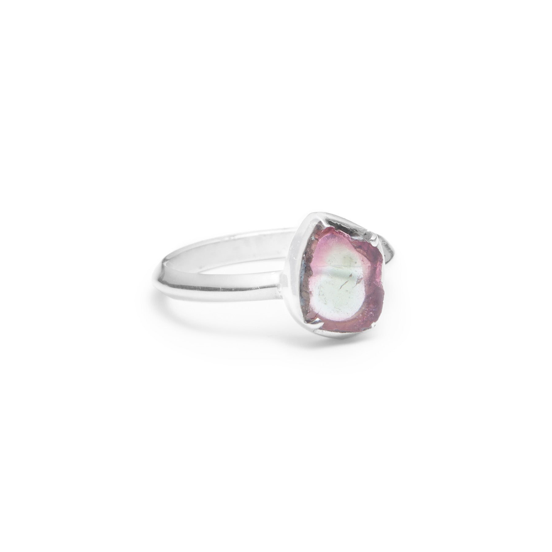 Watermelon Tourmaline ring with claw bezel on sterling silver band side angle