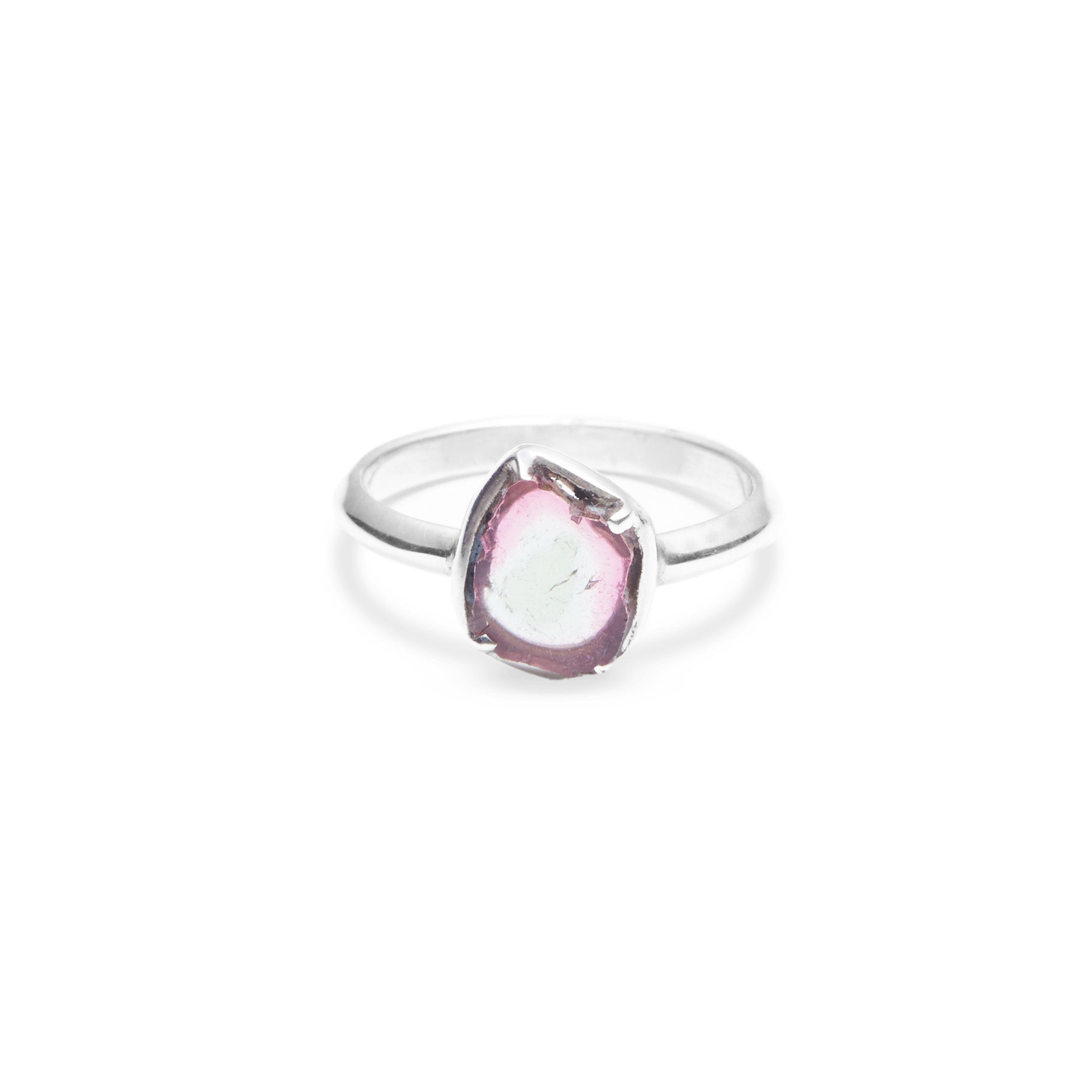 Watermelon Tourmaline ring with claw bezel on sterling silver band 