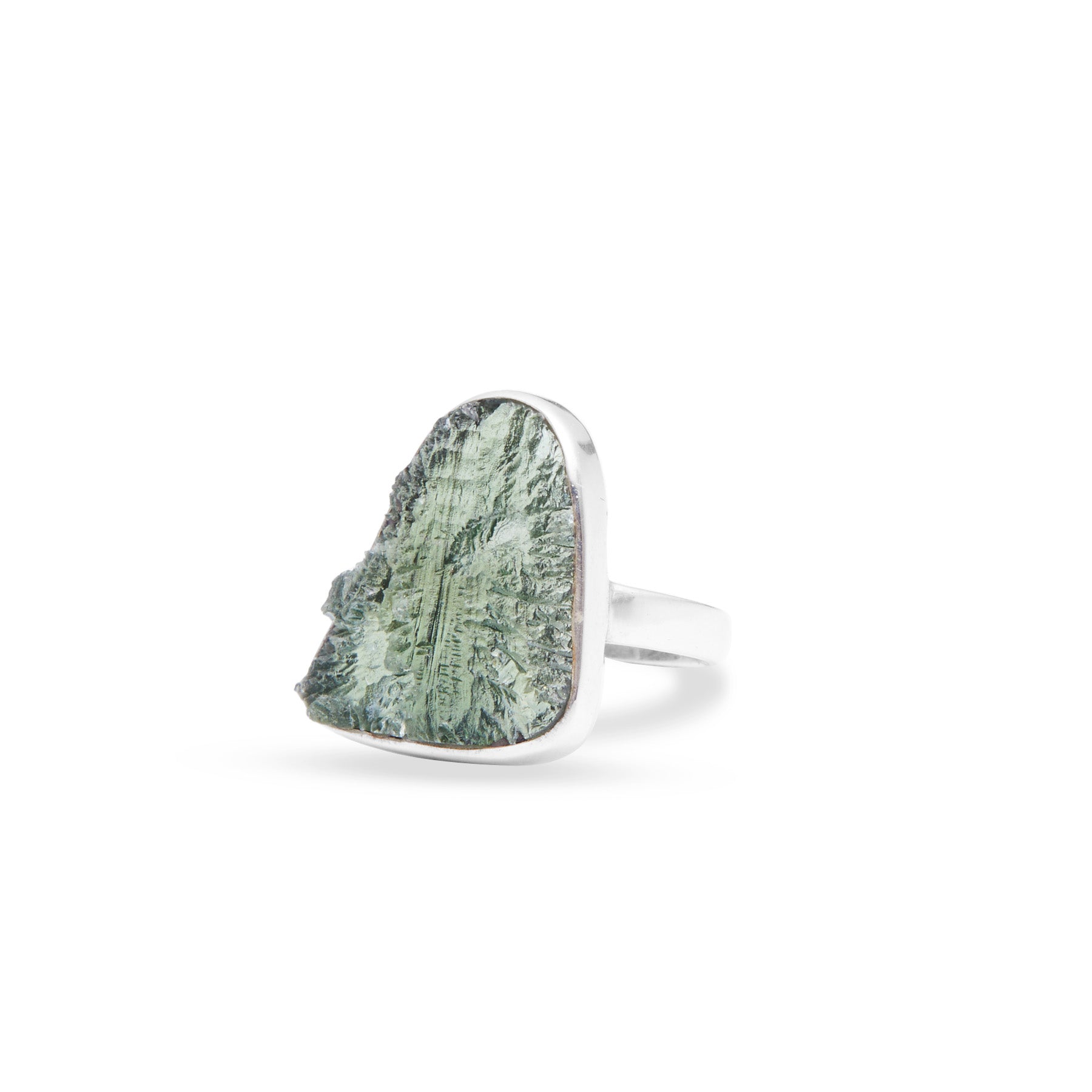 Moldavite freeform rough sterling silver ring 