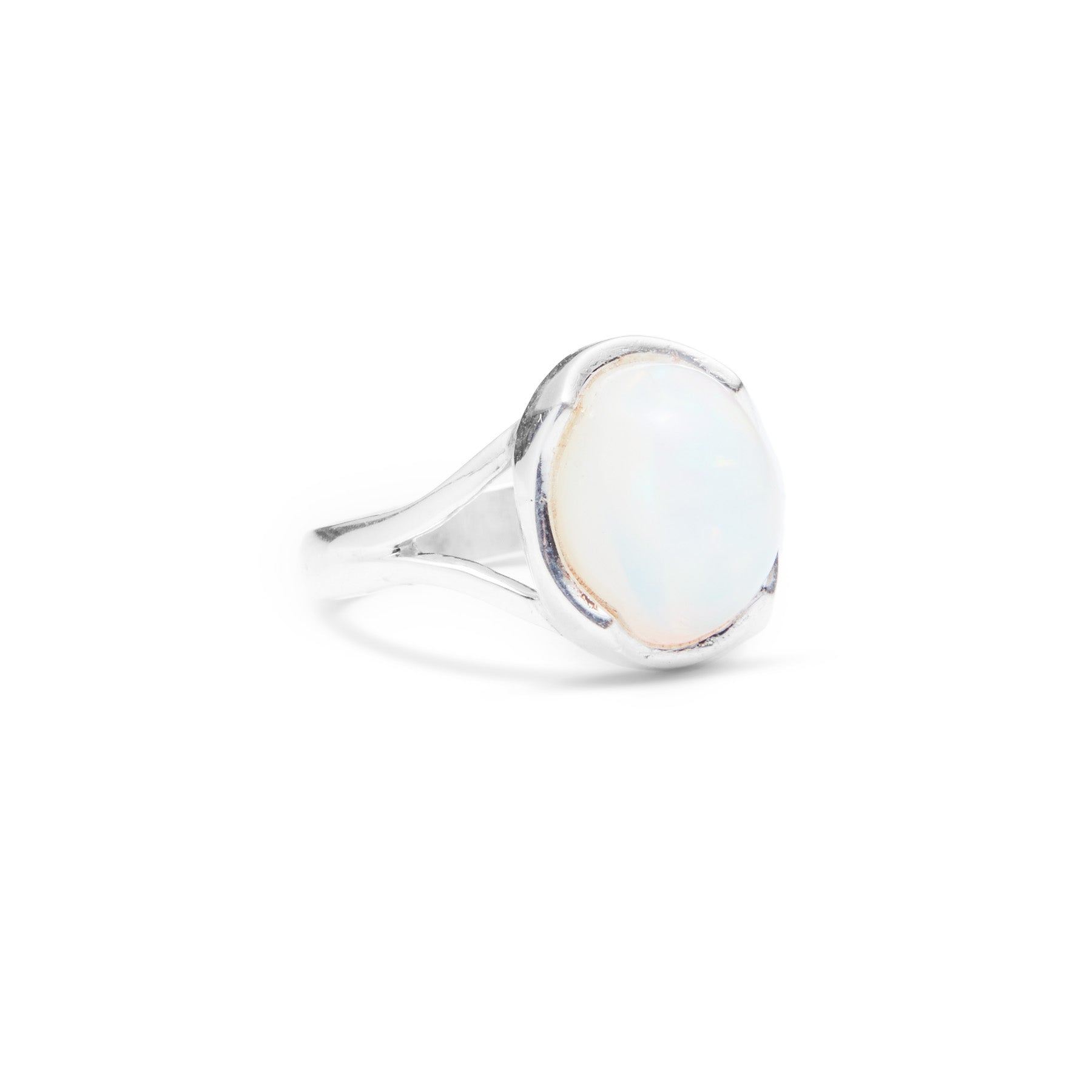 Precious oval Opal ring with wave bezel and sterling silver split band 