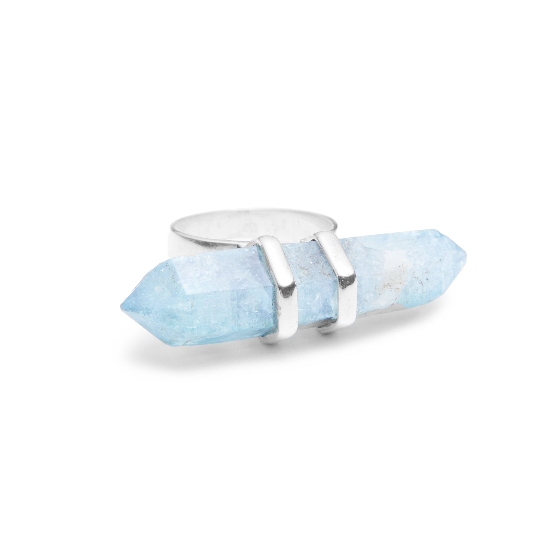 Aqua Aura rough pencil ring with double sterling silver belt side angle 