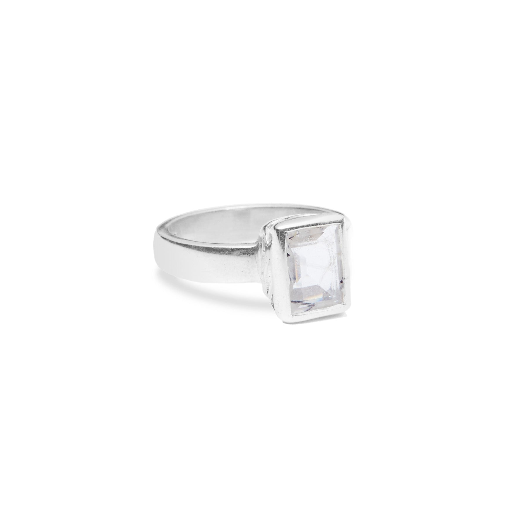 Tourmalinated quartz ring with rectangle faceted cut and filigree basket setting side angle 