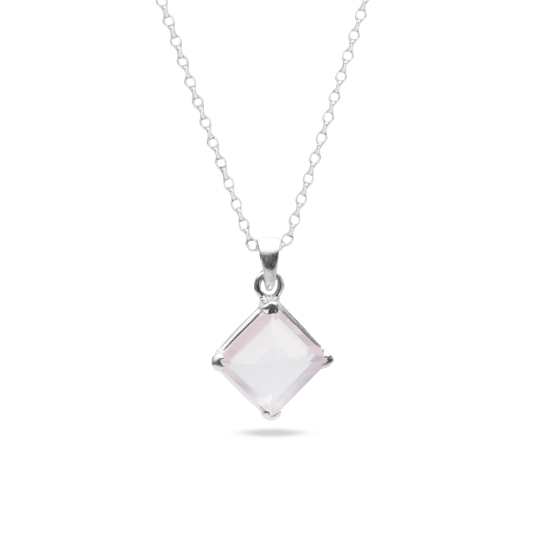 Rose Quartz square diamond set faceted pendant with clamp setting 