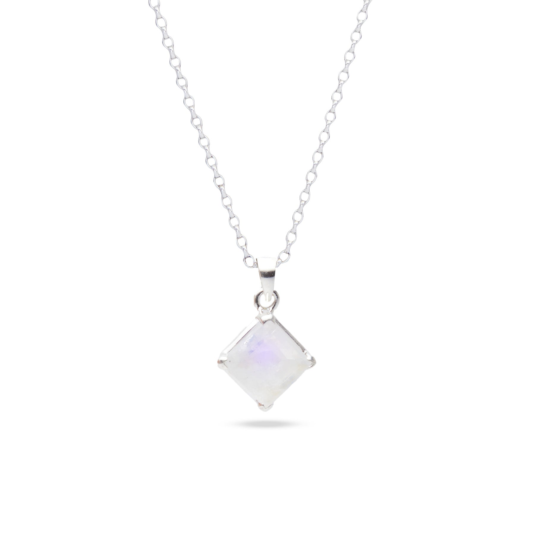 Rainbow Moonstone square diamond set faceted pendant with clamp setting