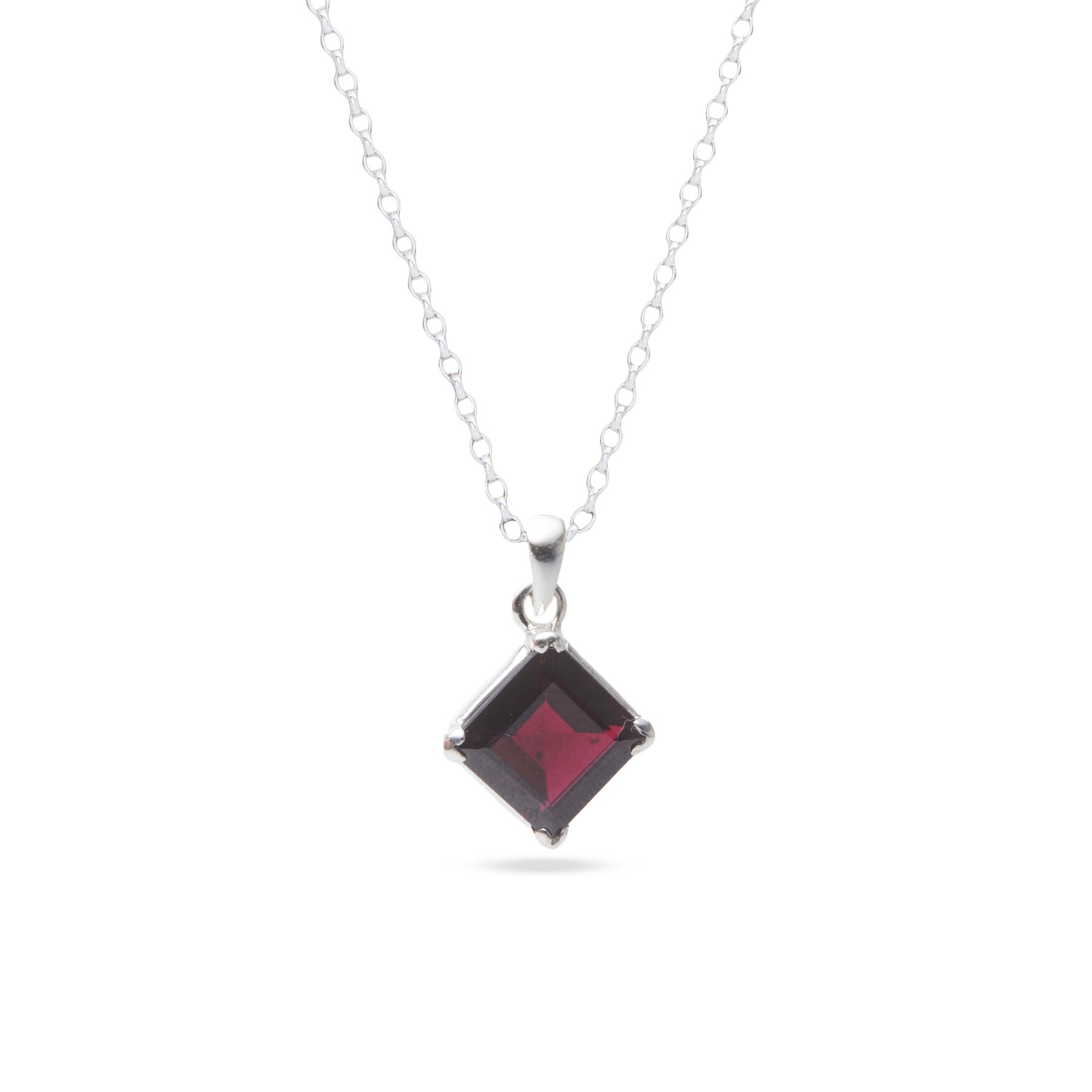 Garnet square diamond set faceted pendant with clamp setting 