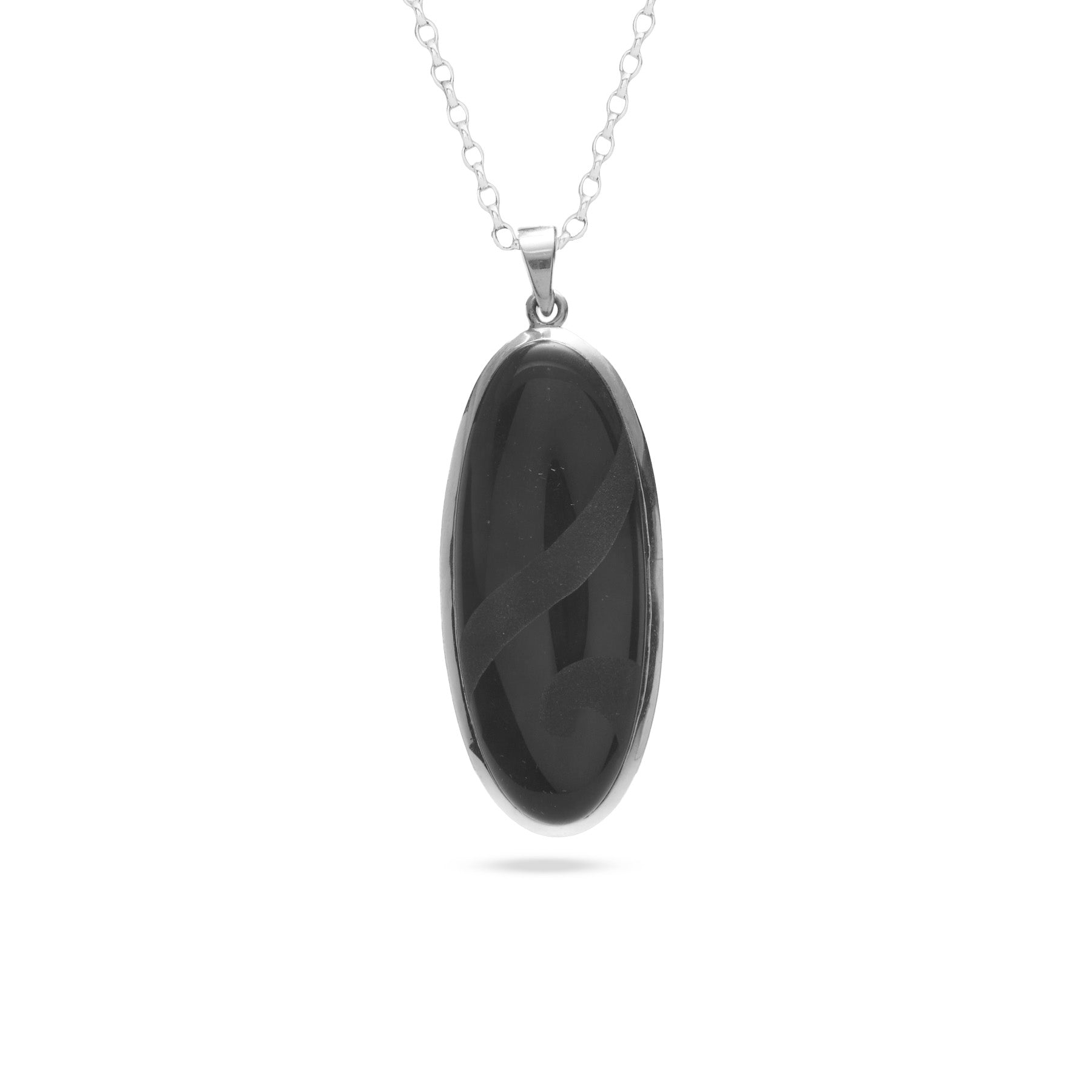 Black Onyx oval cabochon swirl facet carving bezel set pendant 