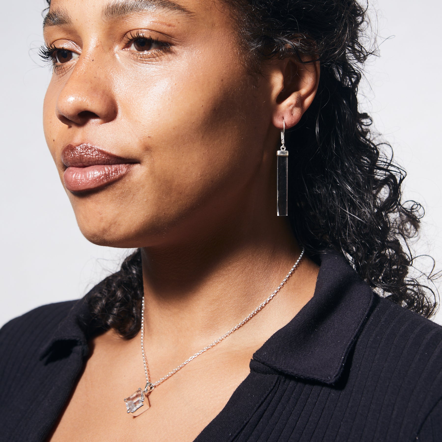 Clear Quartz Drop Earrings on model