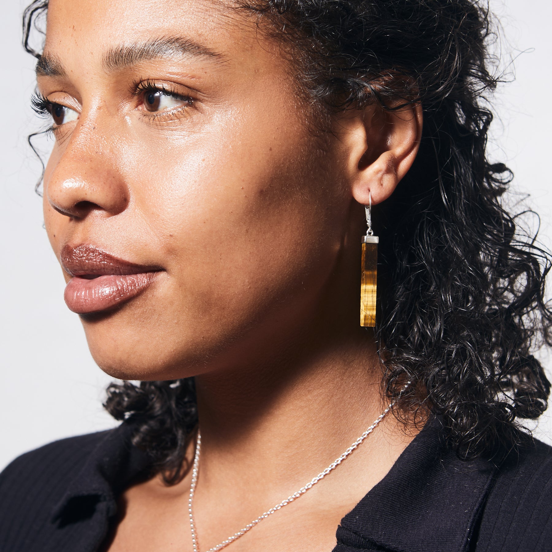 Tiger Eye Drop Earrings on model