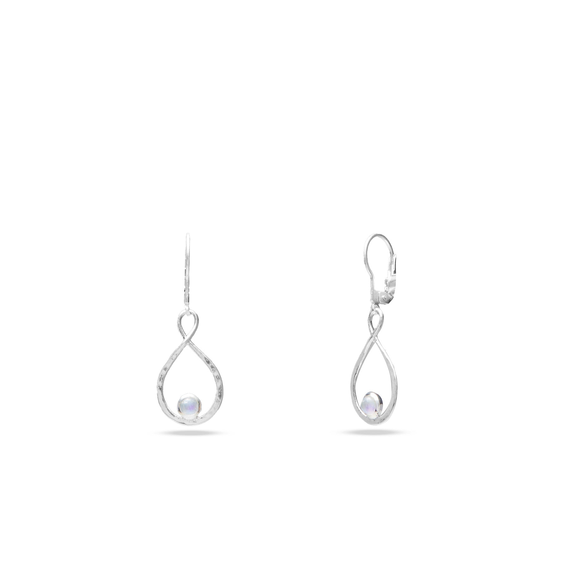 Rainbow Moonstone infinity drop earrings with hammered design and clasp hooks 