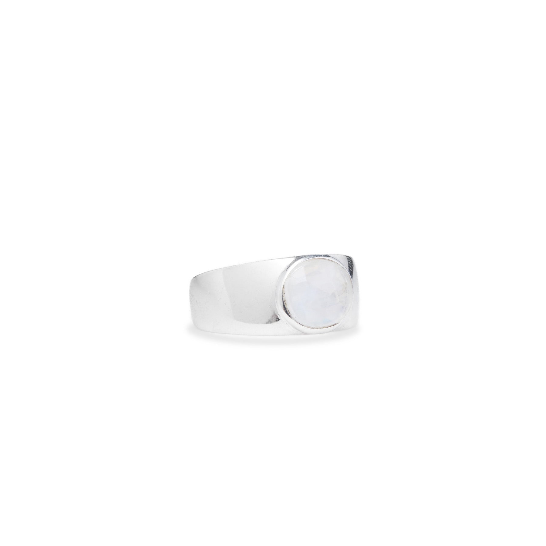 Rainbow moonstone checkerboard facet oval bezel set mens ring with thick band side angle