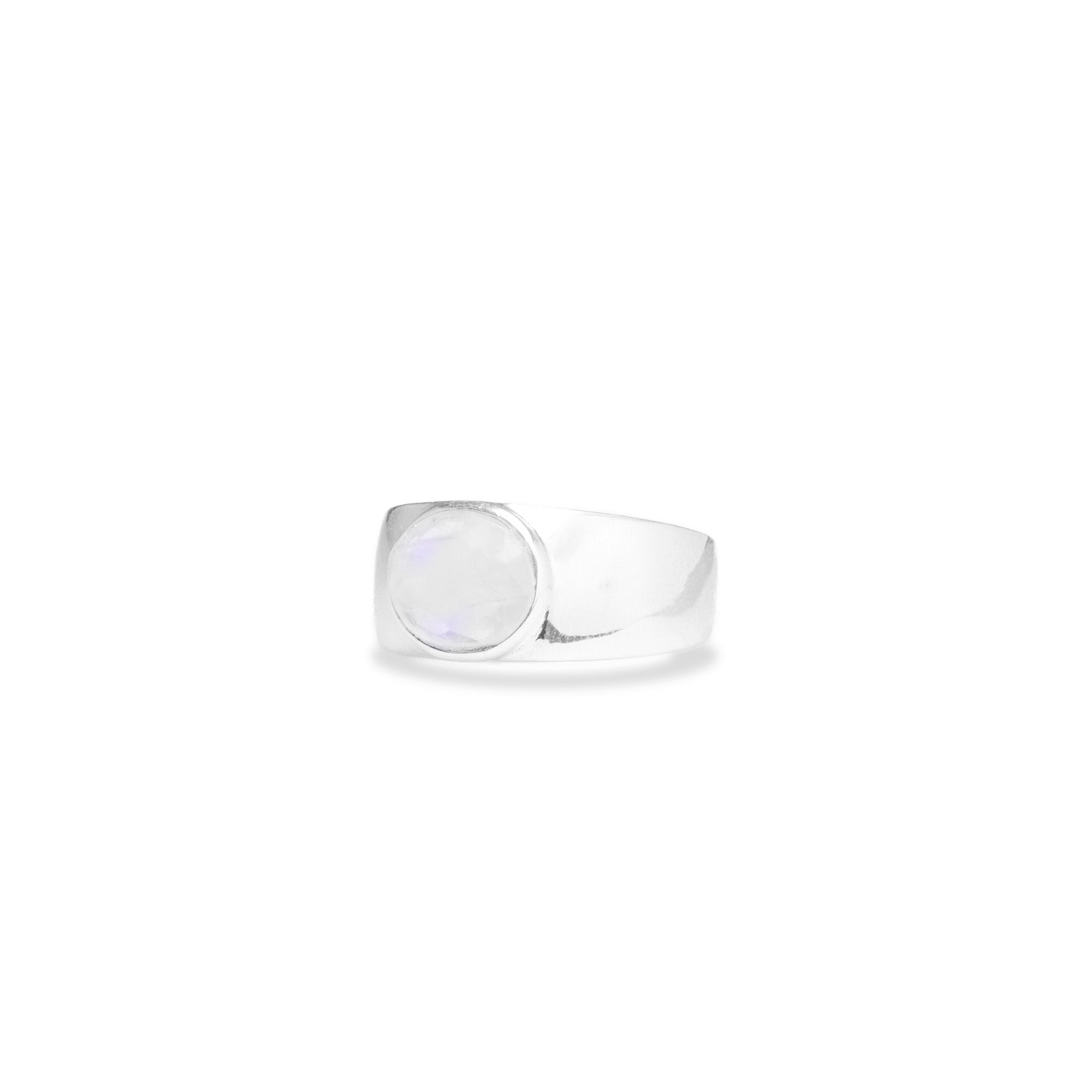 Rainbow moonstone checkerboard facet oval bezel set mens ring with thick band on model