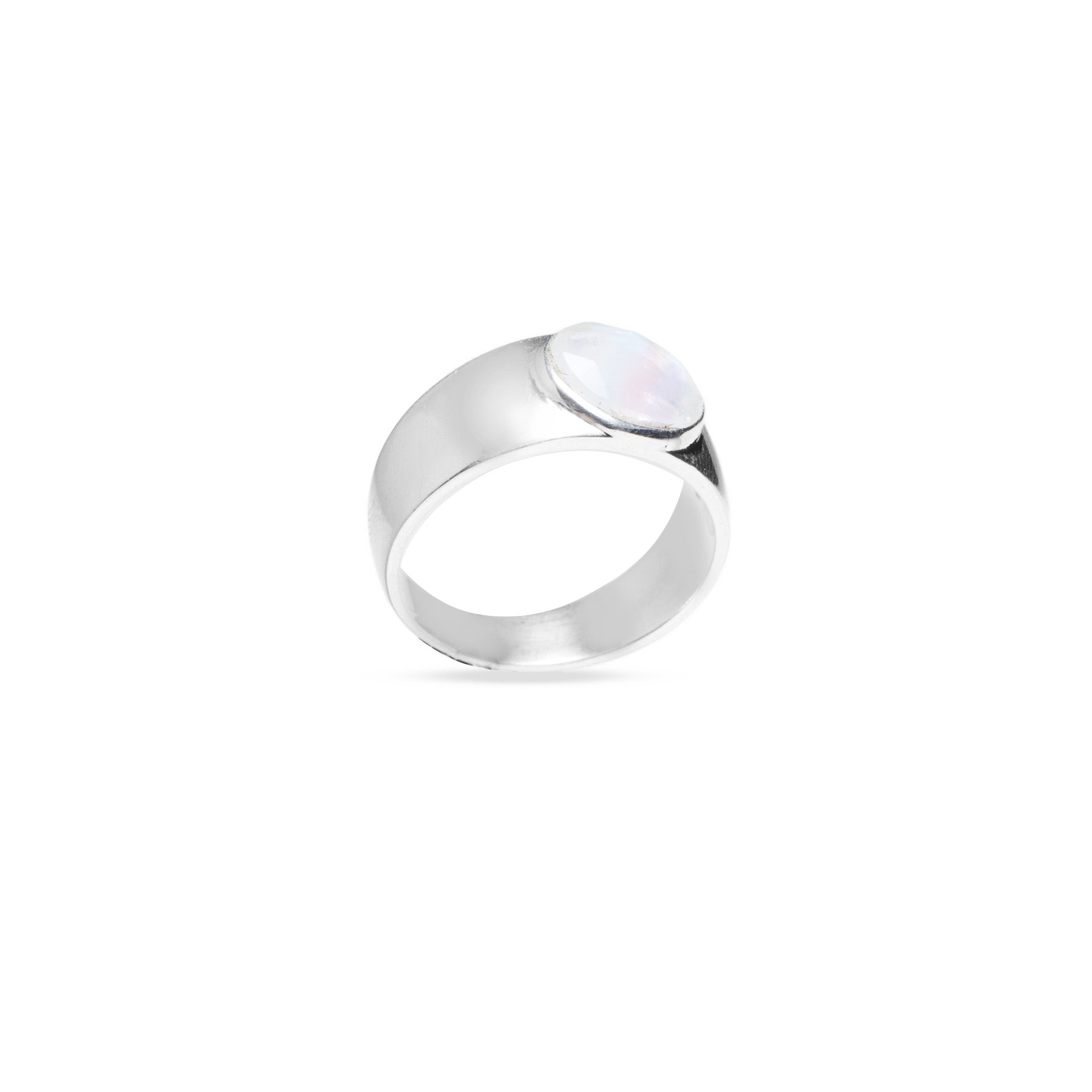 Rainbow moonstone checkerboard facet oval bezel set mens ring with thick band 