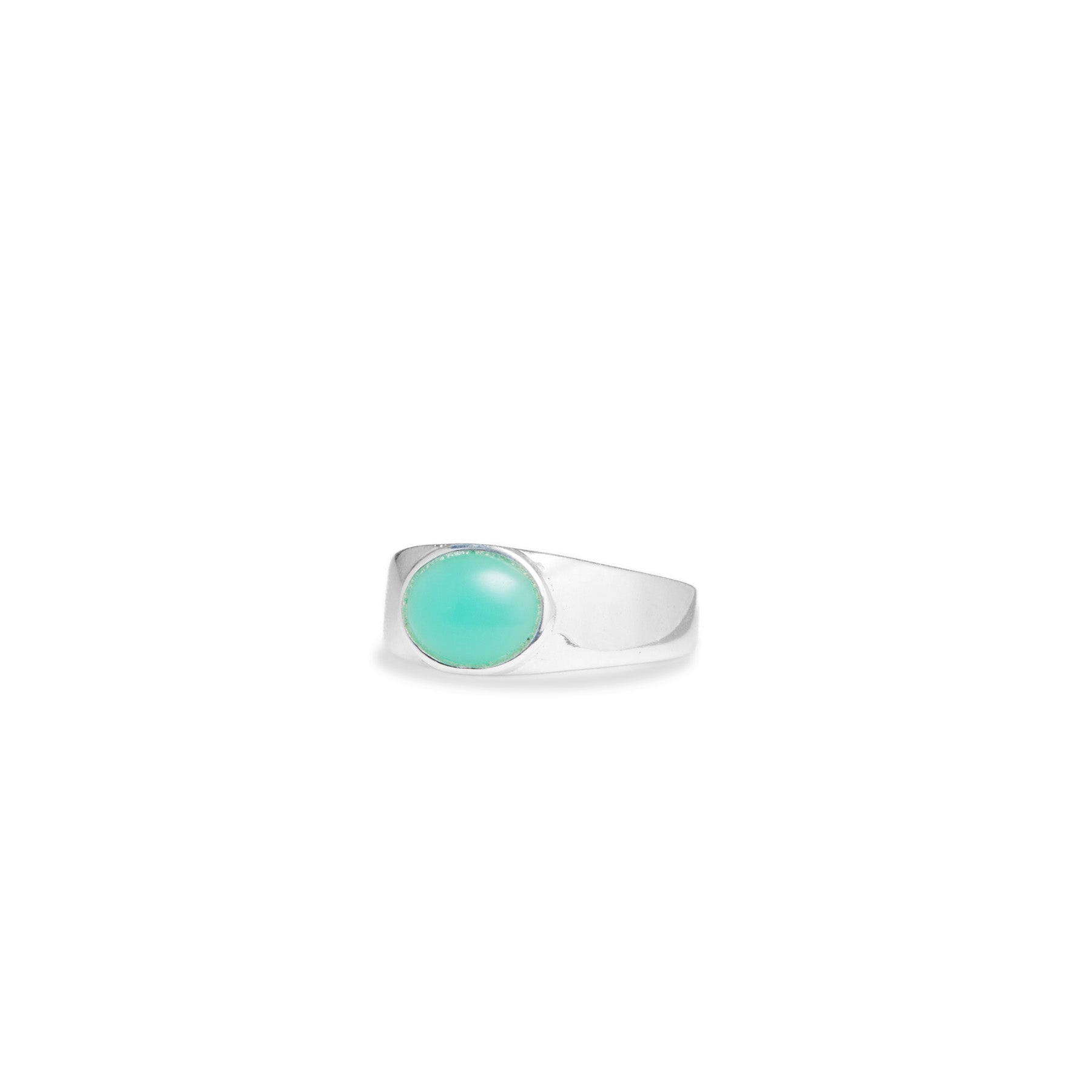 chrysoprase oval cabochon bezel set mens ring with thick band side angle