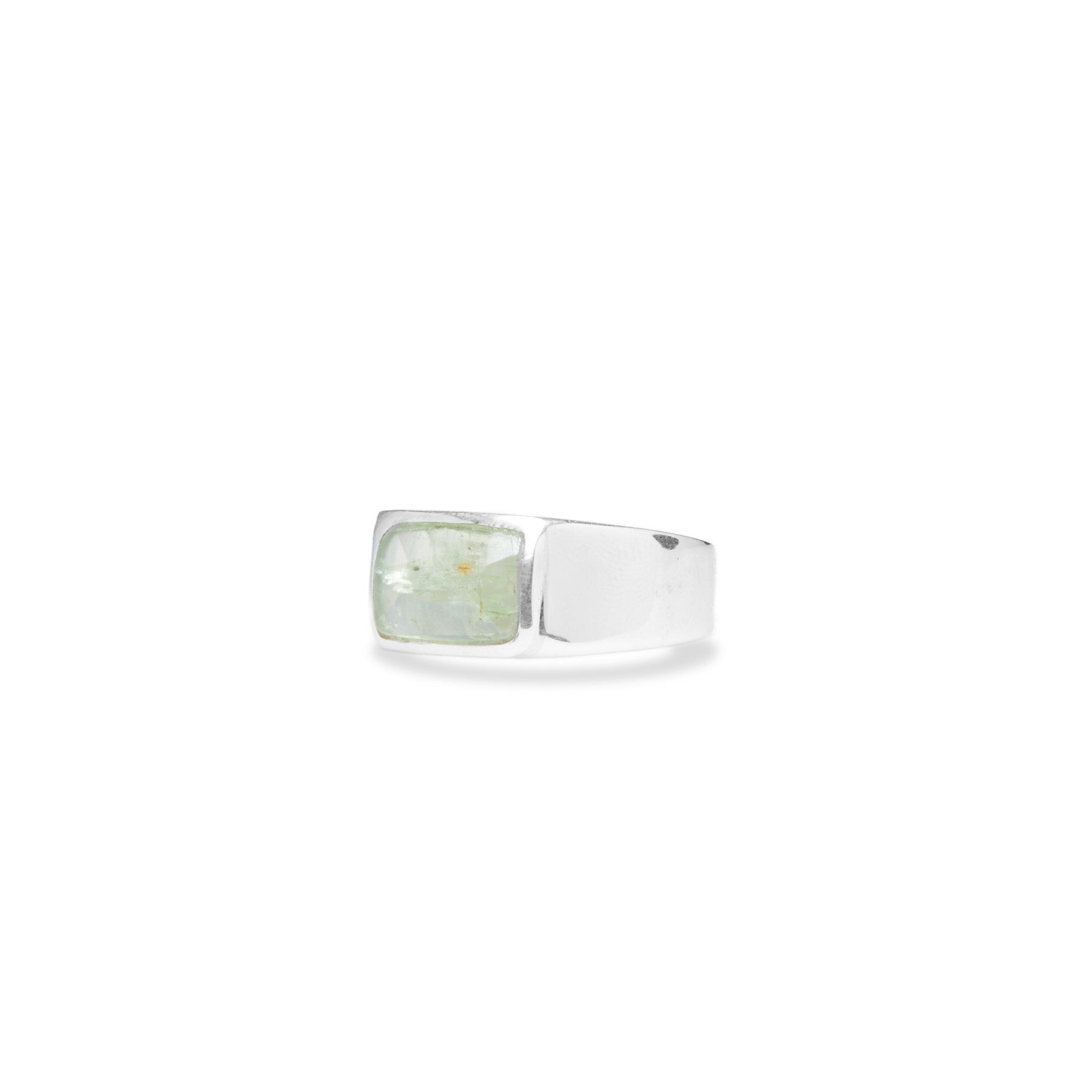 Green Kyanite checkerboard faceted rectangle bezel set mens ring side angle