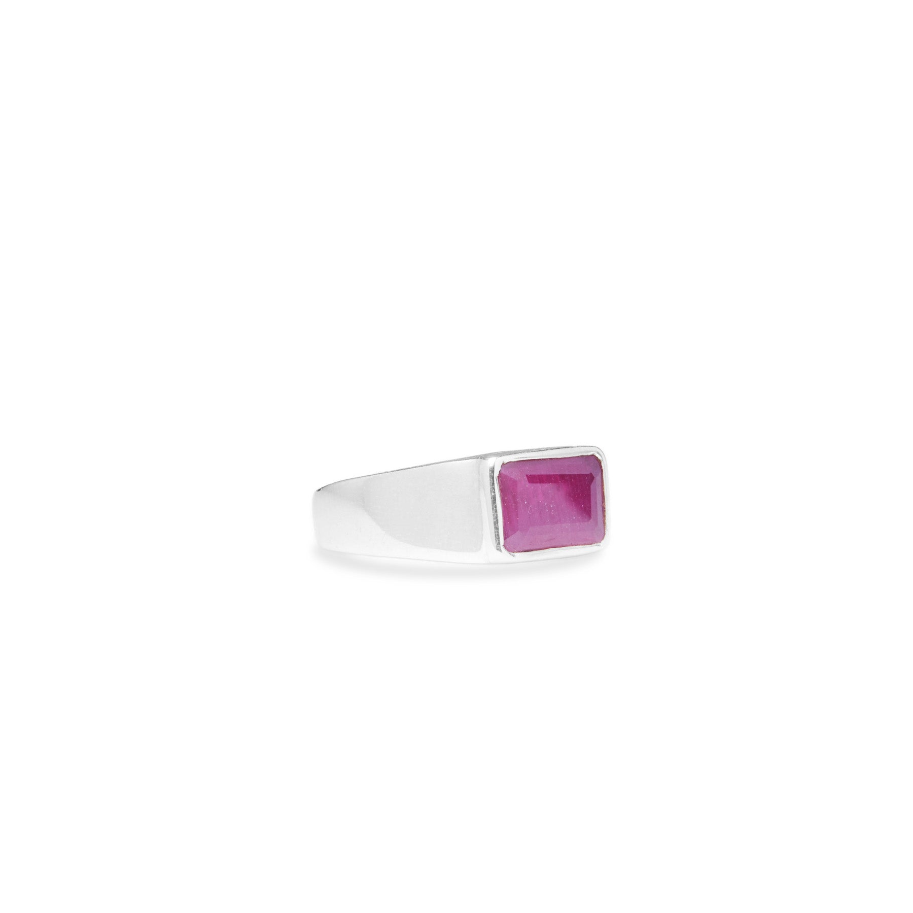 Ruby faceted rectangle bezel set mens rings side angle