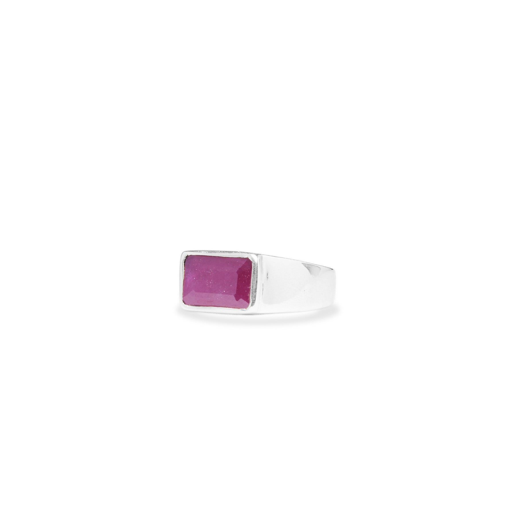 Ruby faceted rectangle bezel set mens rings side angle