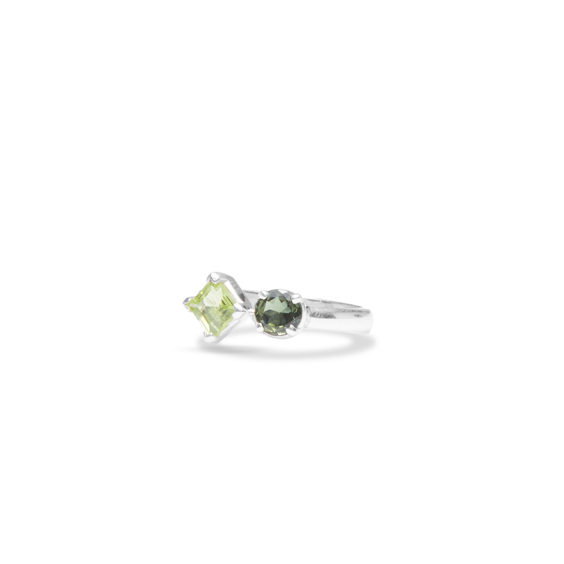 Peridot and Green Tourmaline round faceted claw set ring 