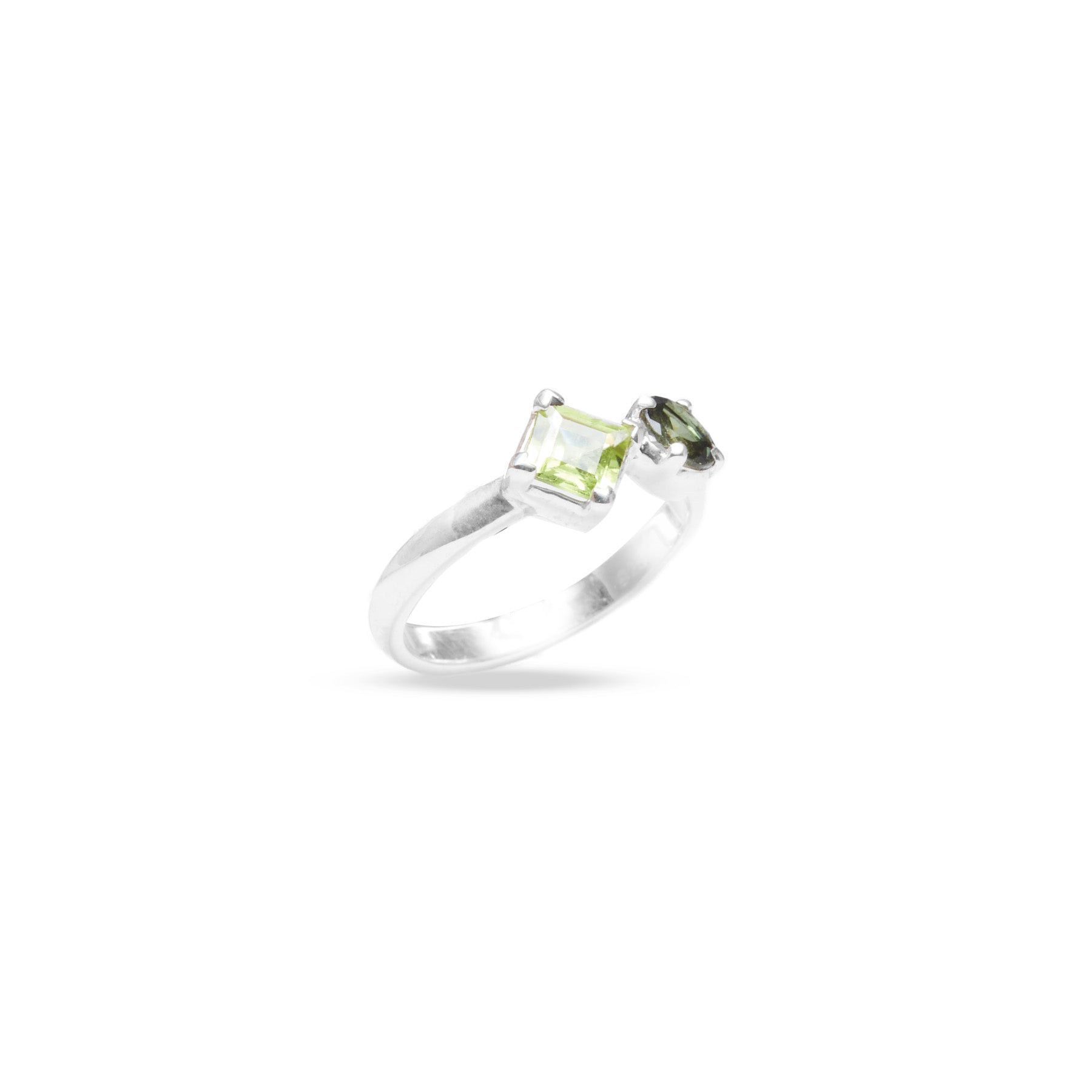 Peridot and Green Tourmaline round faceted claw set ring under side