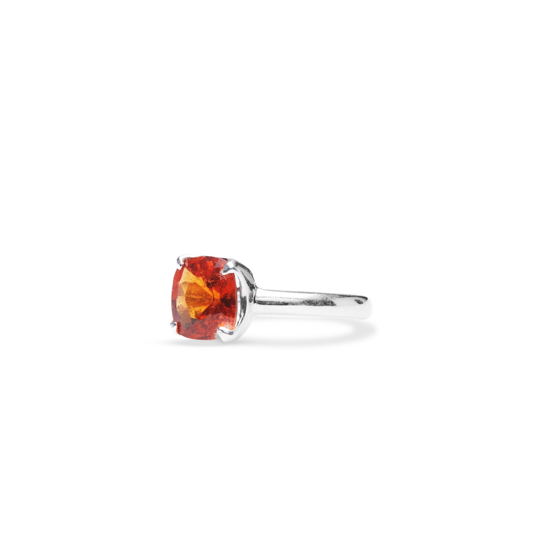 Hessonite garnet cushion square faceted claw set ring side angle