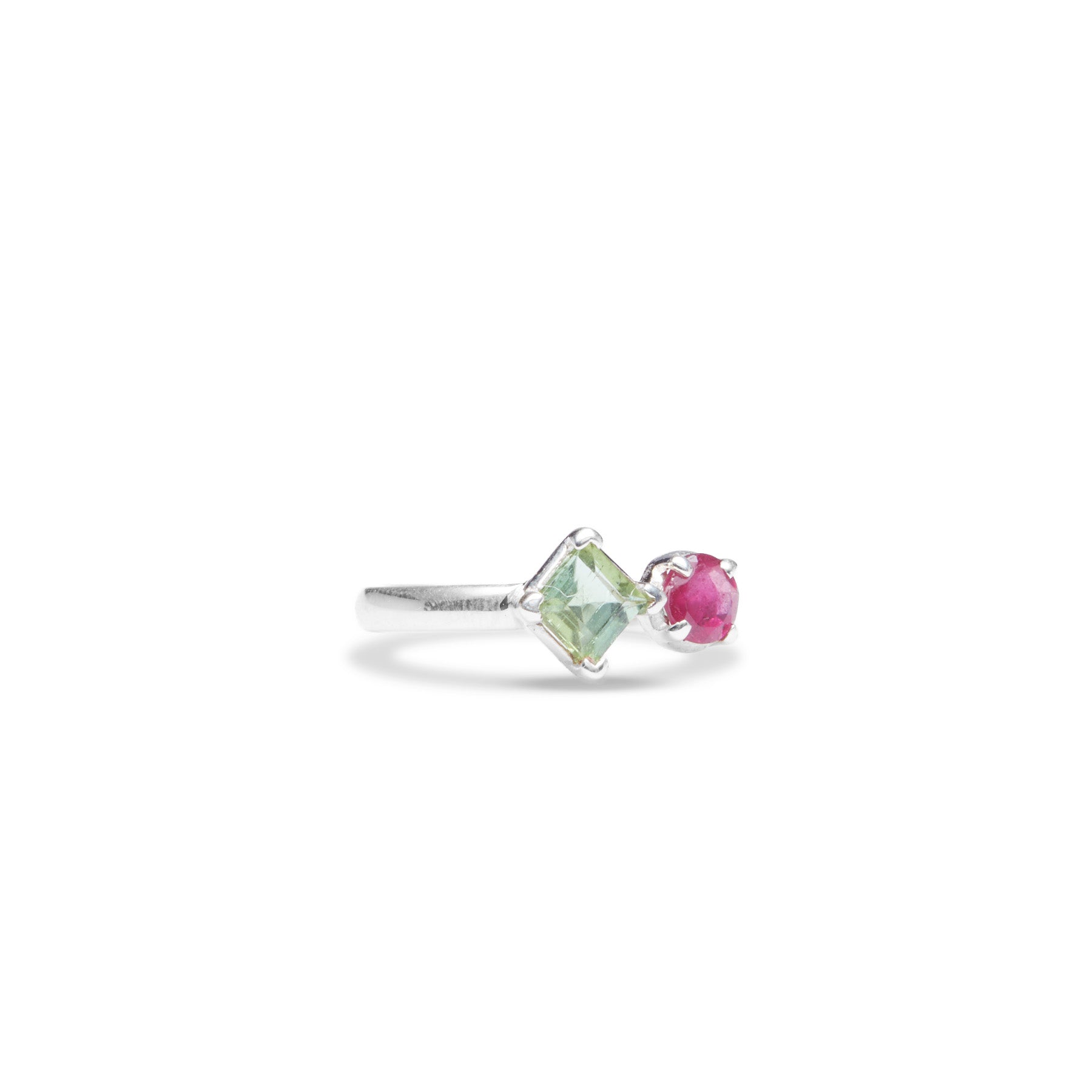 green tourmaline square pink tourmaline round faceted claw ring