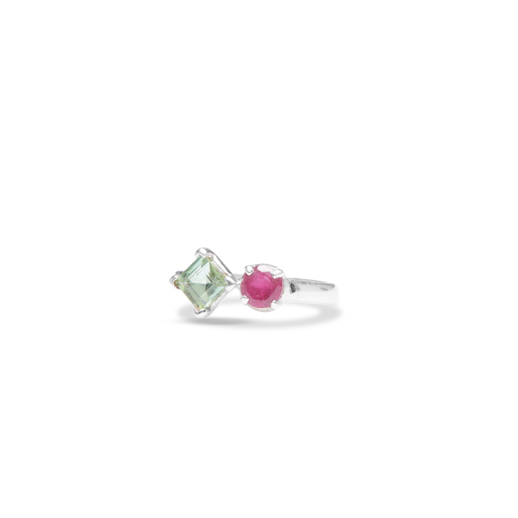 green tourmaline square pink tourmaline round faceted claw ring