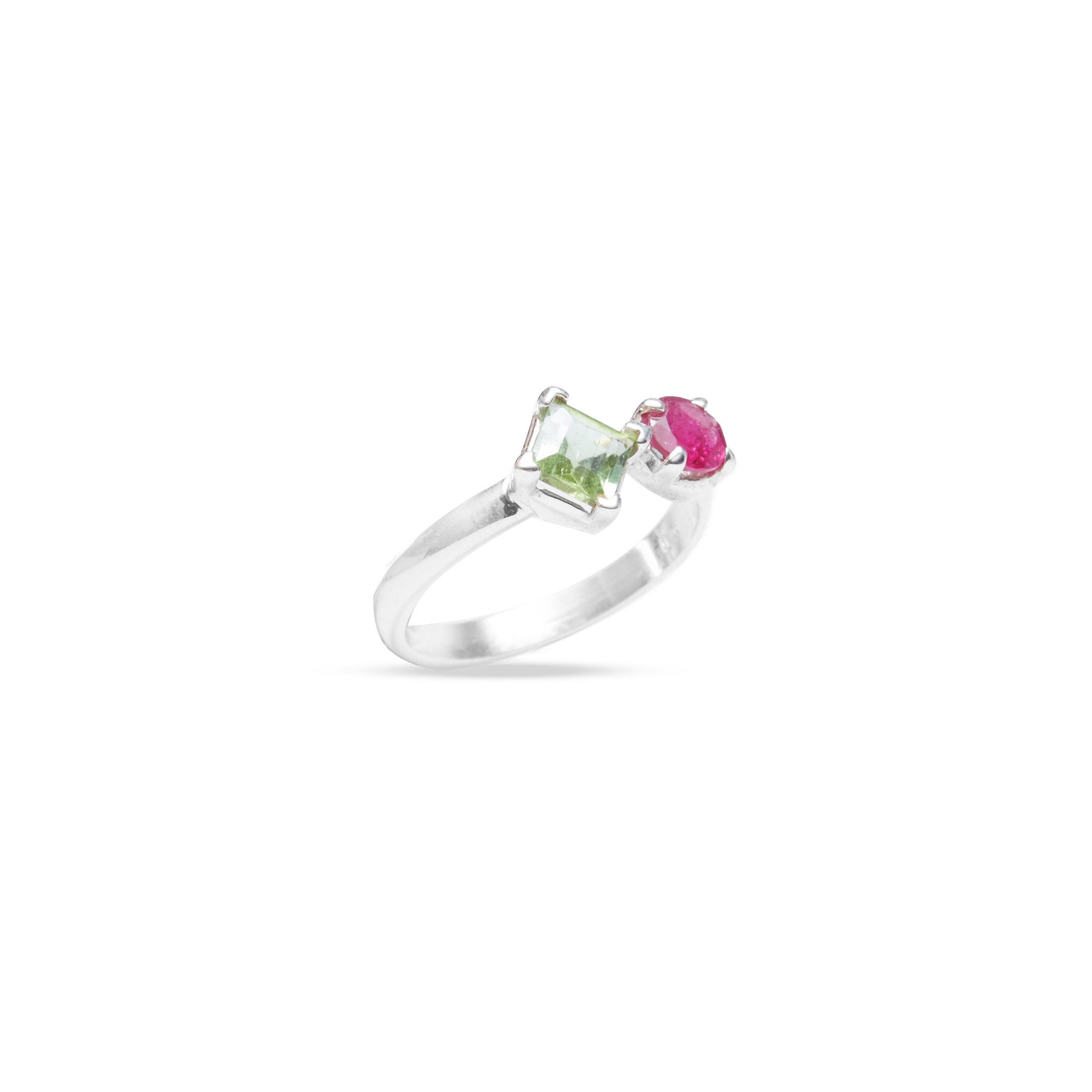 green tourmaline square pink tourmaline round faceted claw ring under side