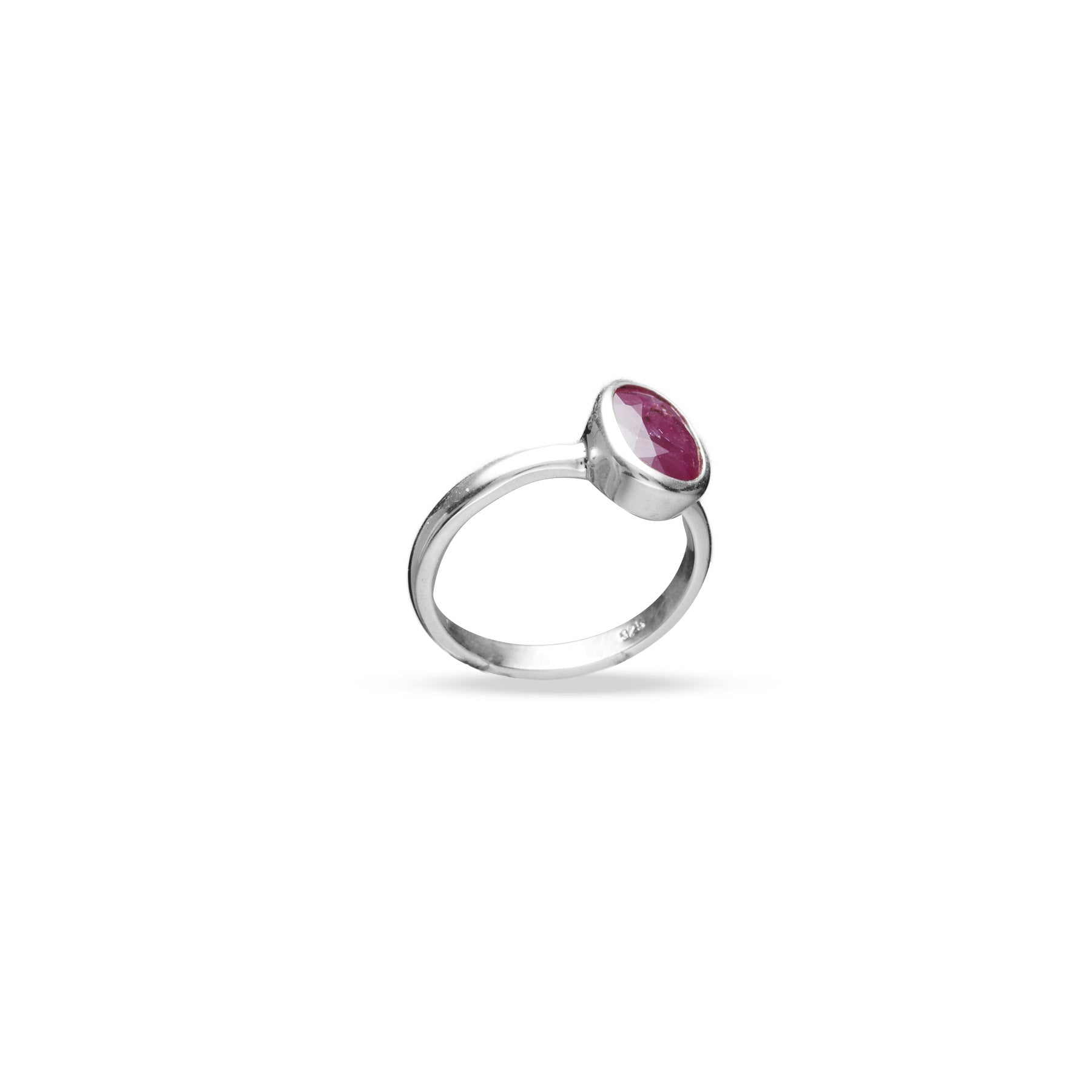 Ruby oval faceted bezel set ring under side